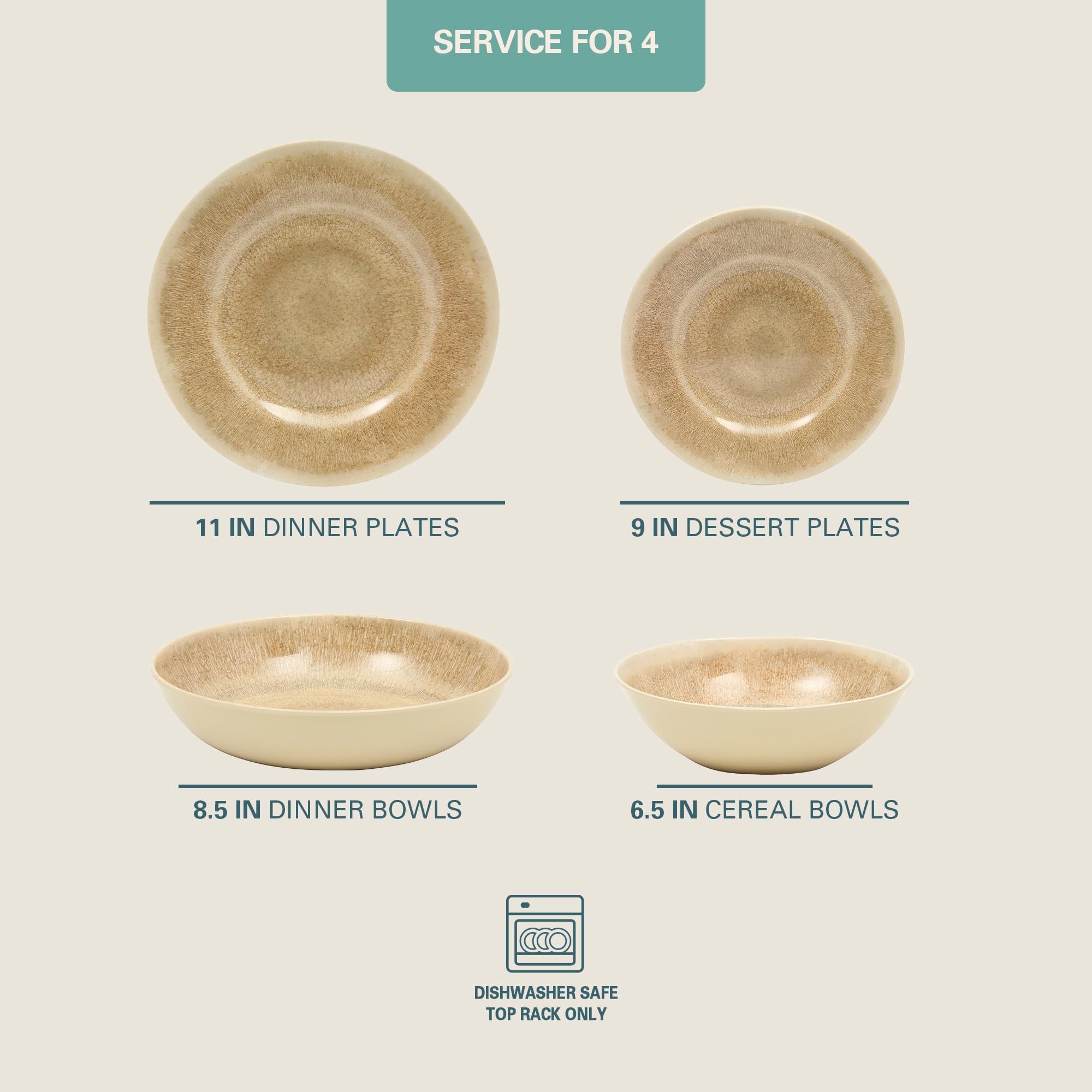 Gibson Home Casper Court - Juego de vajilla de melamina de 16 piezas, color beige, con aspecto de esmalte reactivo, vajilla para 4, apta para lavavajillas, servicio diario