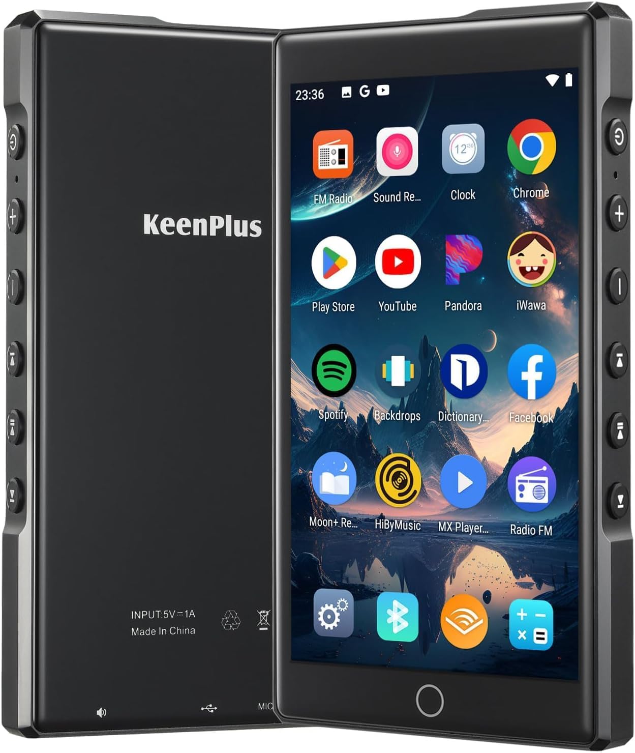 Front and back view of the KeenPlus MP3 Player, showing the screen and the KeenPlus logo.