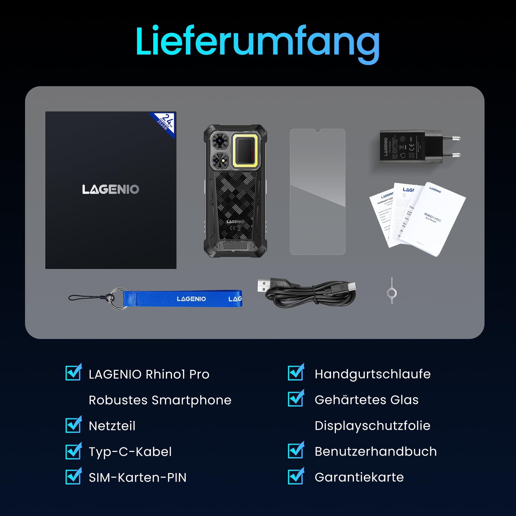 Rhino 1 Pro Outdoor Smartphone Android 16-12000mAh/33W 24GB+256GB/1TB Outdoor Handy, 64 MP 6.9" HD+ 120Hz, 130dB Duale Stereo Lautsprecher Baustellenhandy mit Campinglampe, 4G/NFC/eSIM/OTG