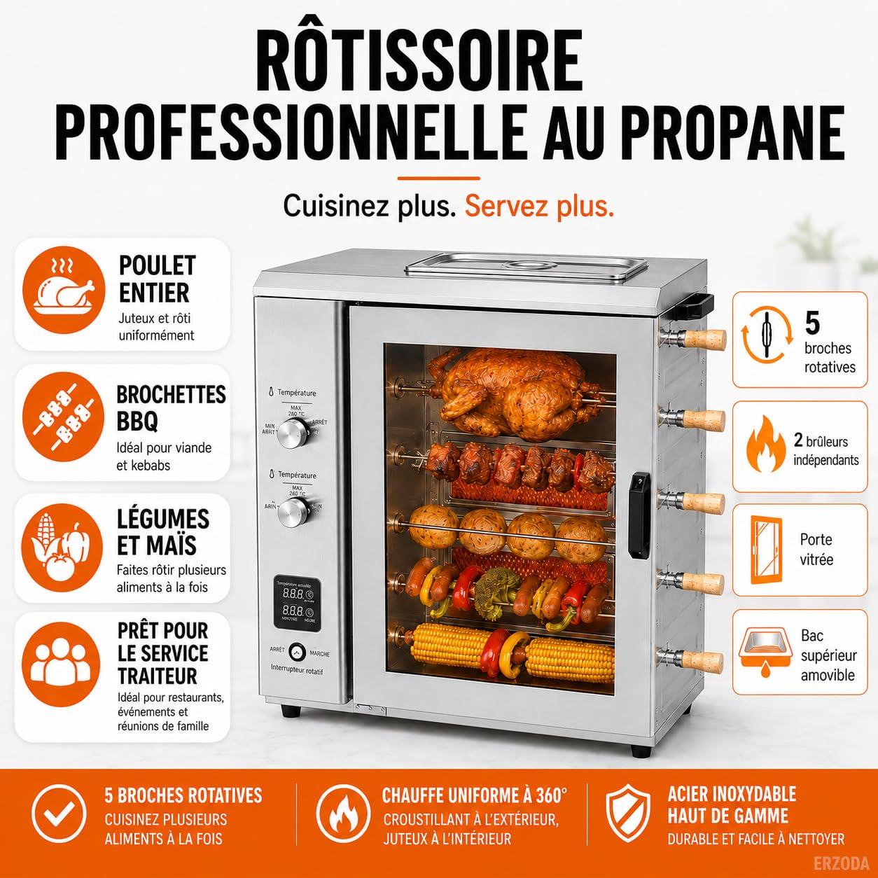 Four Rôtissoire Professionnel à Gaz GPL, Rôtissoire à Poulet 5 Broches en Acier Inox pour Restaurant et Snack