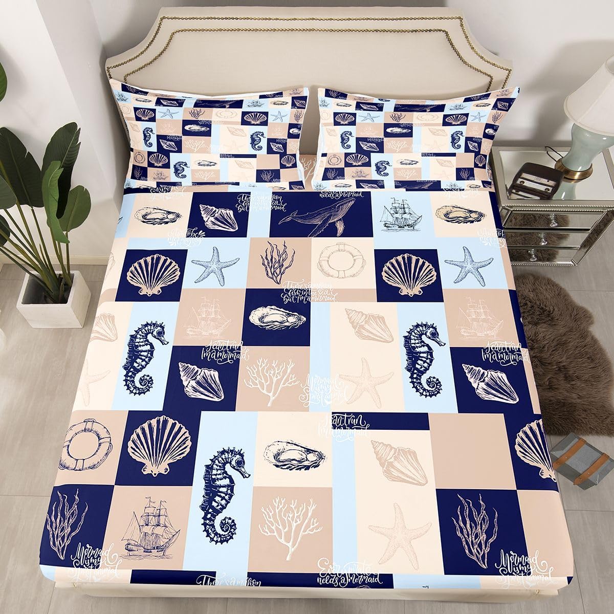 Feelyou Starfish Bedding Fitted Sheet Ocean Beach Marine Life Decor Bed Sheet Set for Kids Boys Girls Coastal Beach Theme Bedding Sheets Blue Bed Cover Bedroom Collection 3Pcs Full Size