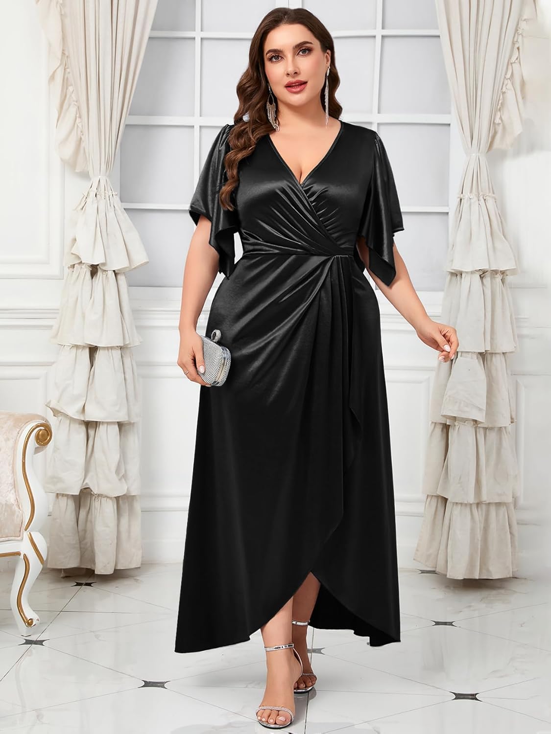 Women's Plus Size Formal Satin Dress V Neck Wrap Ruched Maxi Evening Gown Cocktail Party Wedding Guest Dresses - Image 2