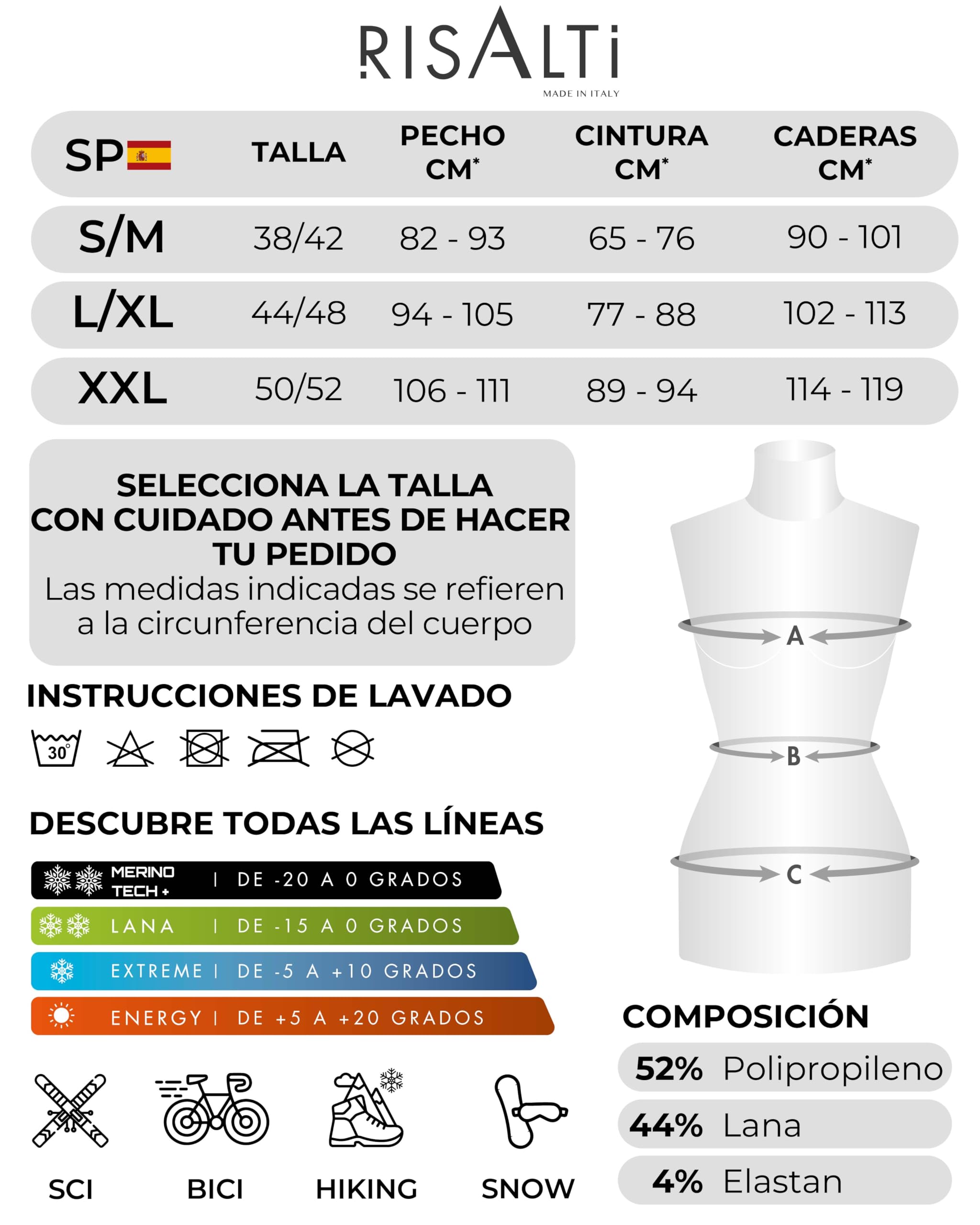 Risalti Ropa Termica Mujer Frio Lana Merino Tech – Camiseta Termica Mujer Manga Larga y Mallas Lana Merinos, Ropa Interior Invierno Transpirable y Termorreguladora, Seamless – Made in Italy