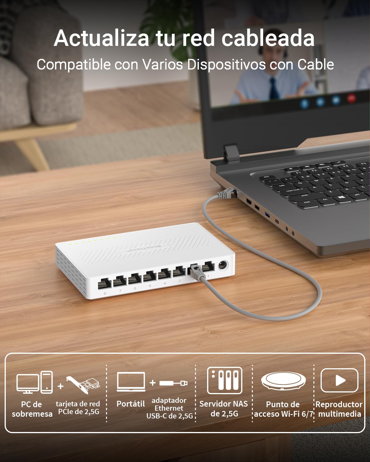 BrosTrend 2,5Gb Switch Ethernet 8 Puertos, Gigabit Switch de red 2.5Gb sin Ventilador, no Gestionado Hub RJ45 para PC, Videoconsola, NAS, Plug & Play, Montaje en Escritorio o Muro, Vida ÚTI Protección
