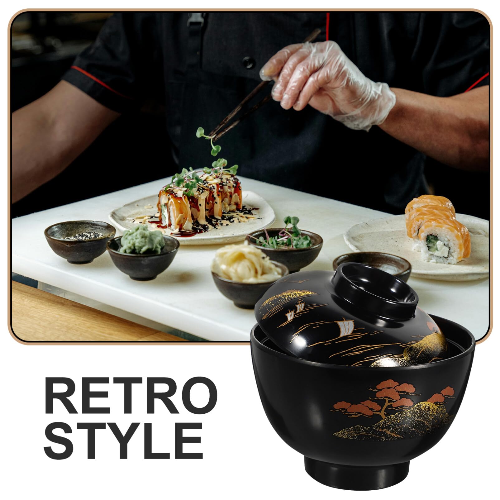 Kichvoe Miso Bol à soupe avec couvercle, bol à riz japonais en mélamine traditionnel, bol à soupe ramen en plastique laqué pour la cuisine, noir