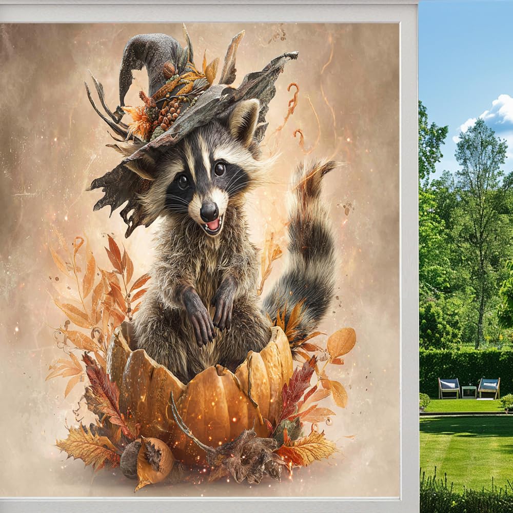 Autumn Raccoon Frosted Window Film, Halloween Pumpkin Animal Stained Glass Privacy Film, Heat Insulation Self-Adhesive Vinyl for Bathroom Office,（50x100cm）