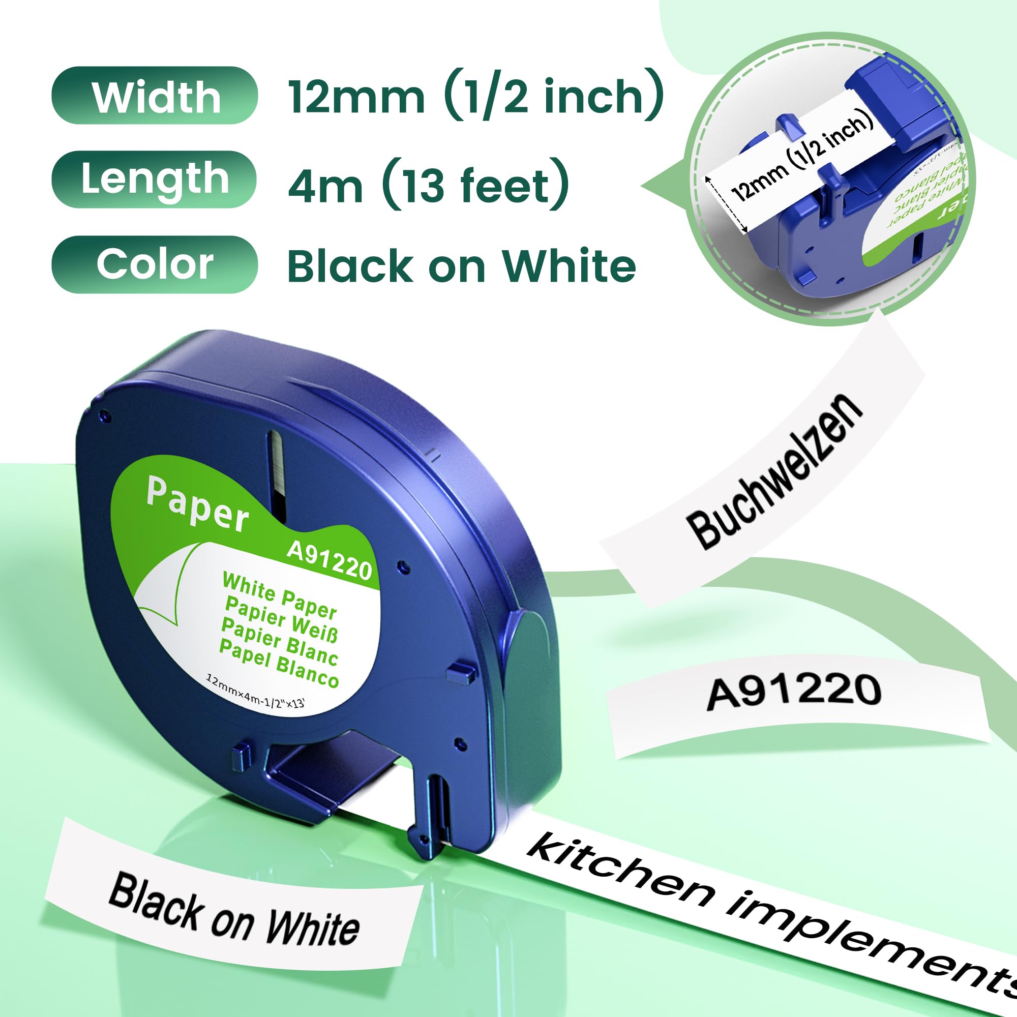 Ruban Papier Recharge Compatible Dymo LetraTag 12mm x 4m Noir sur Blanc pour LT-100H LT-100T