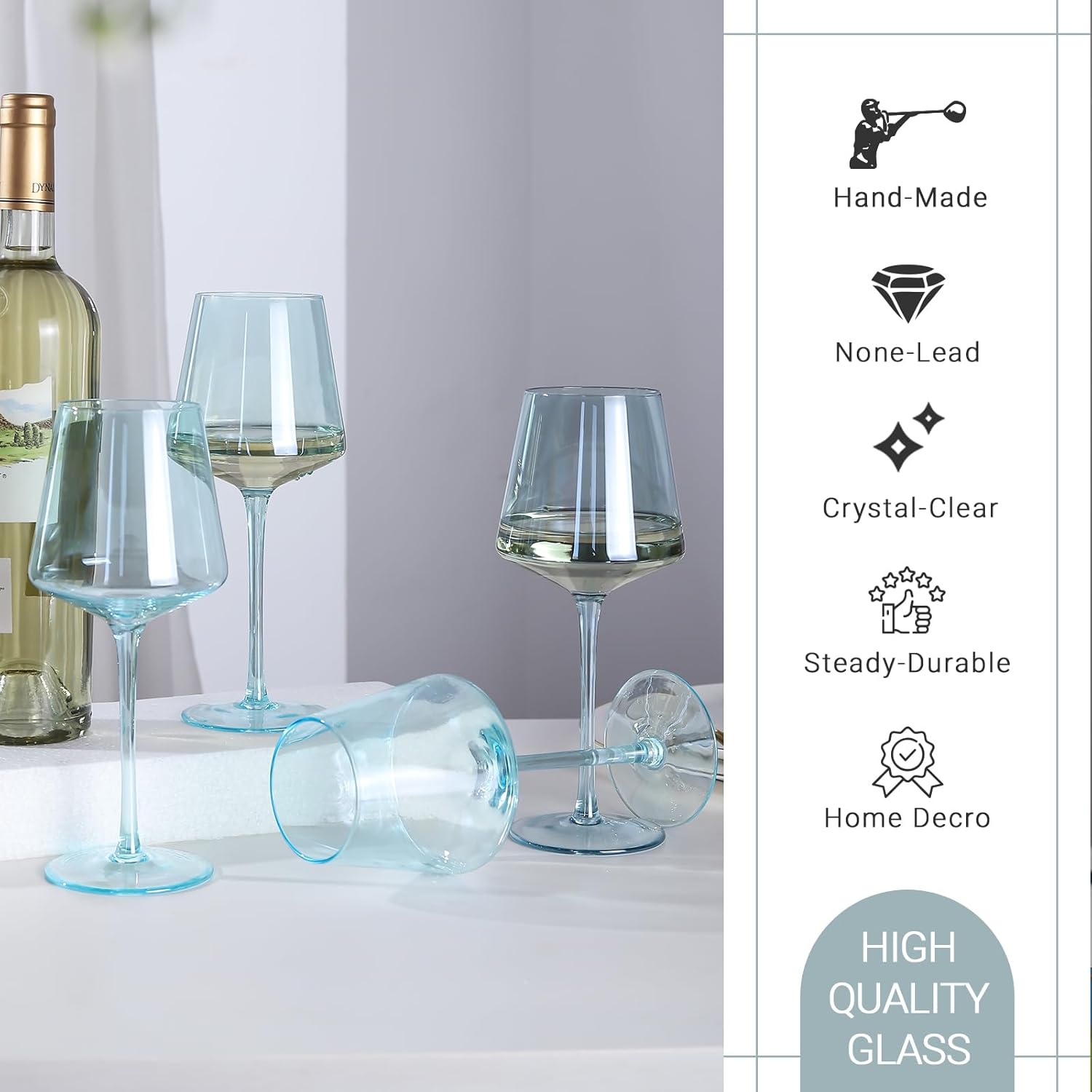 Light Blue Wine Glasses Set 6-16oz Modern Blue Wine Glasses With Tall Long Stem and Flat Bottom,Unique Blue Wine Stemware for Birthday Wedding Bridal Shower - Image 3