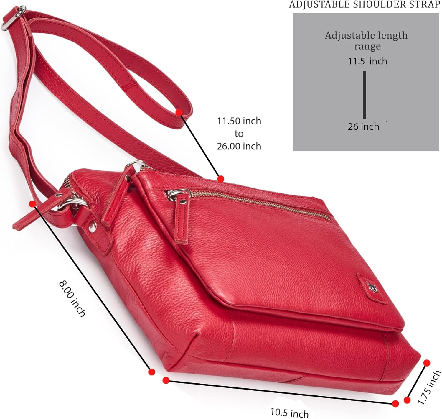 Wise Owl Accessories Small Soft Pebbled Real Leather Crossbody Handbags Purses Triple Zip Premium Sling Crossover Shoulder Bag for Women Gift (Red Nappa) - Image 3