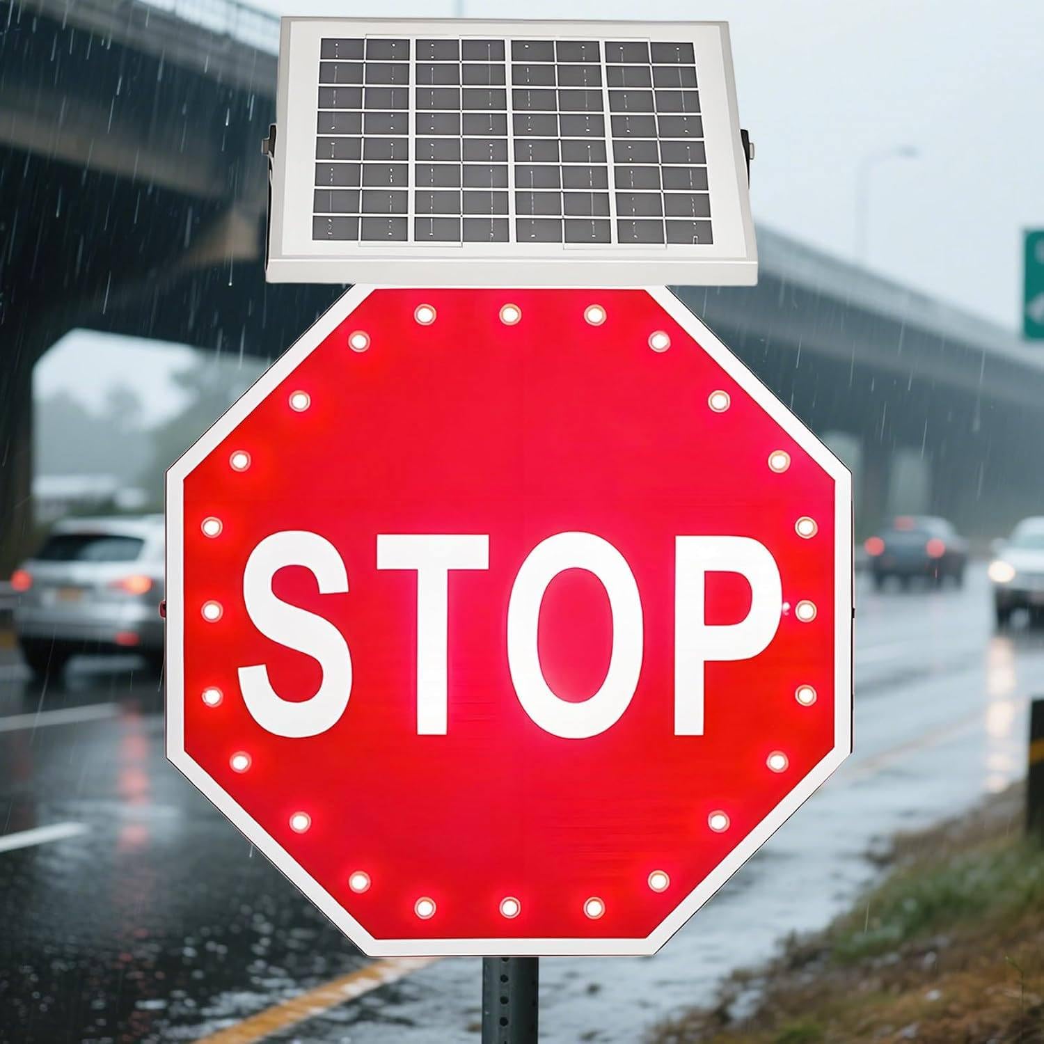 Cartel Stop Solar IP65 con Marco Metálico Anticorrosión | La placa de aluminio de 1,5 mm combina bajo peso y rigidez, mientras el marco metálico añade soporte exterior