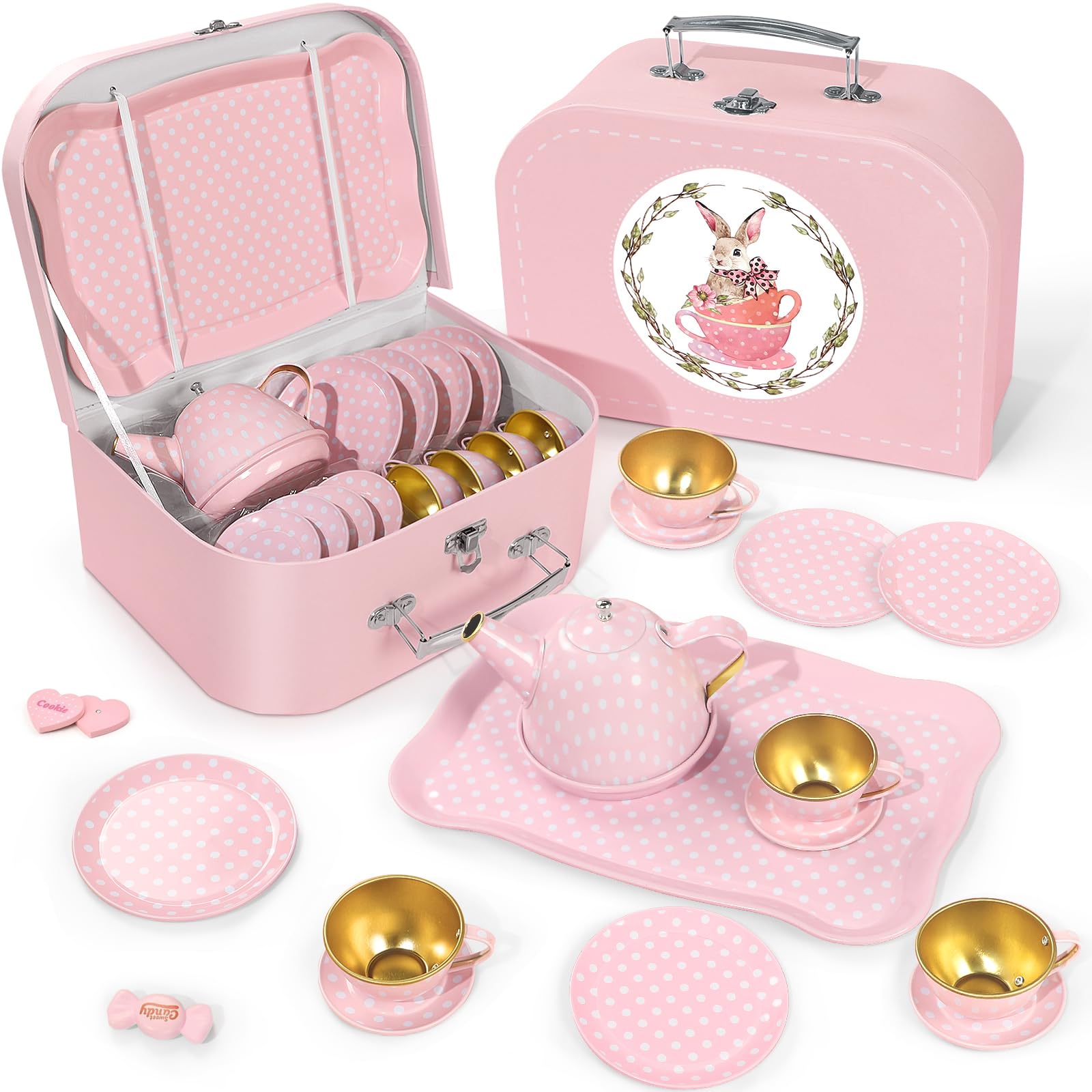 iAOVUEBY Princess Tea Time Set for Girls, Tea Party Toys with Tin Teapot, Cups, Carrying Case, Age 3-8
