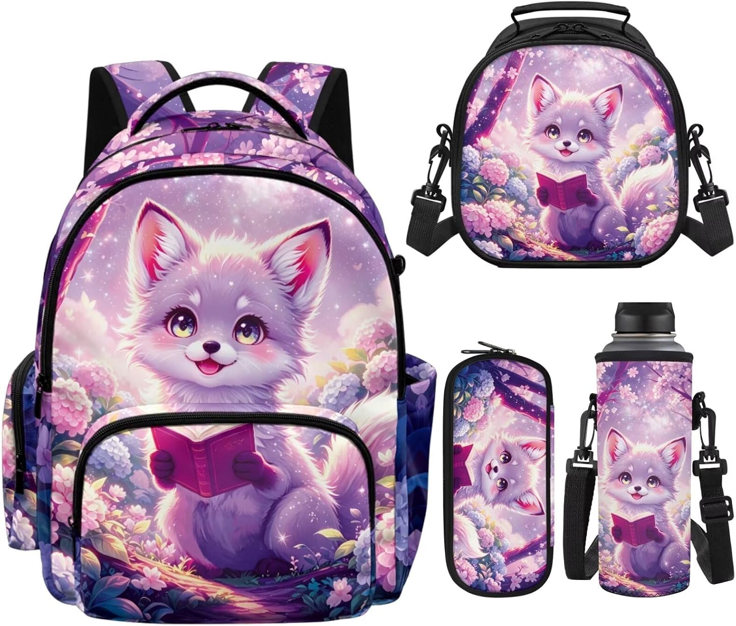 POLERO Cute Fox Backpack for Girls Age 6-10 with Lunch Box Elementary School Book Bags with Wide Padded Strap 17" 25L Water Resistant