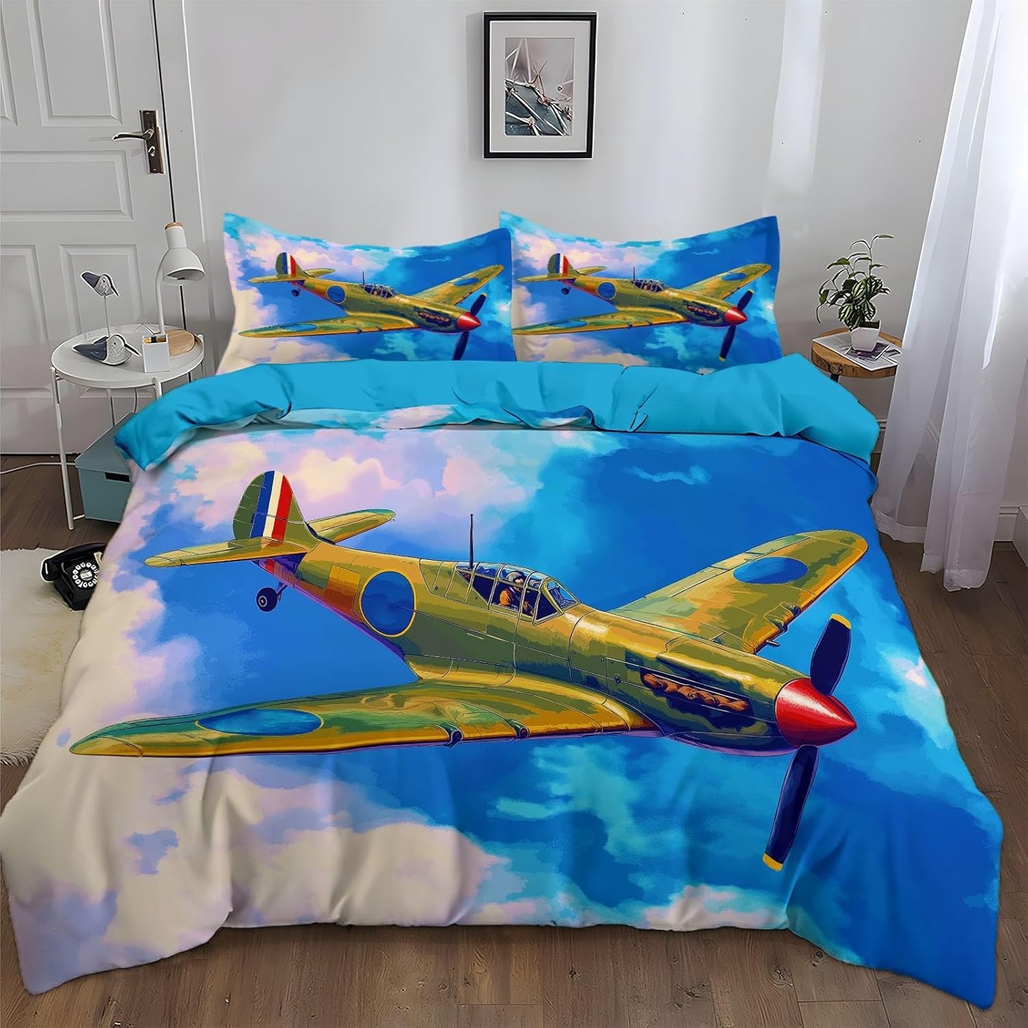 Housse de couette 240x220 avion vintage en microfibre douce avec taies d'oreiller