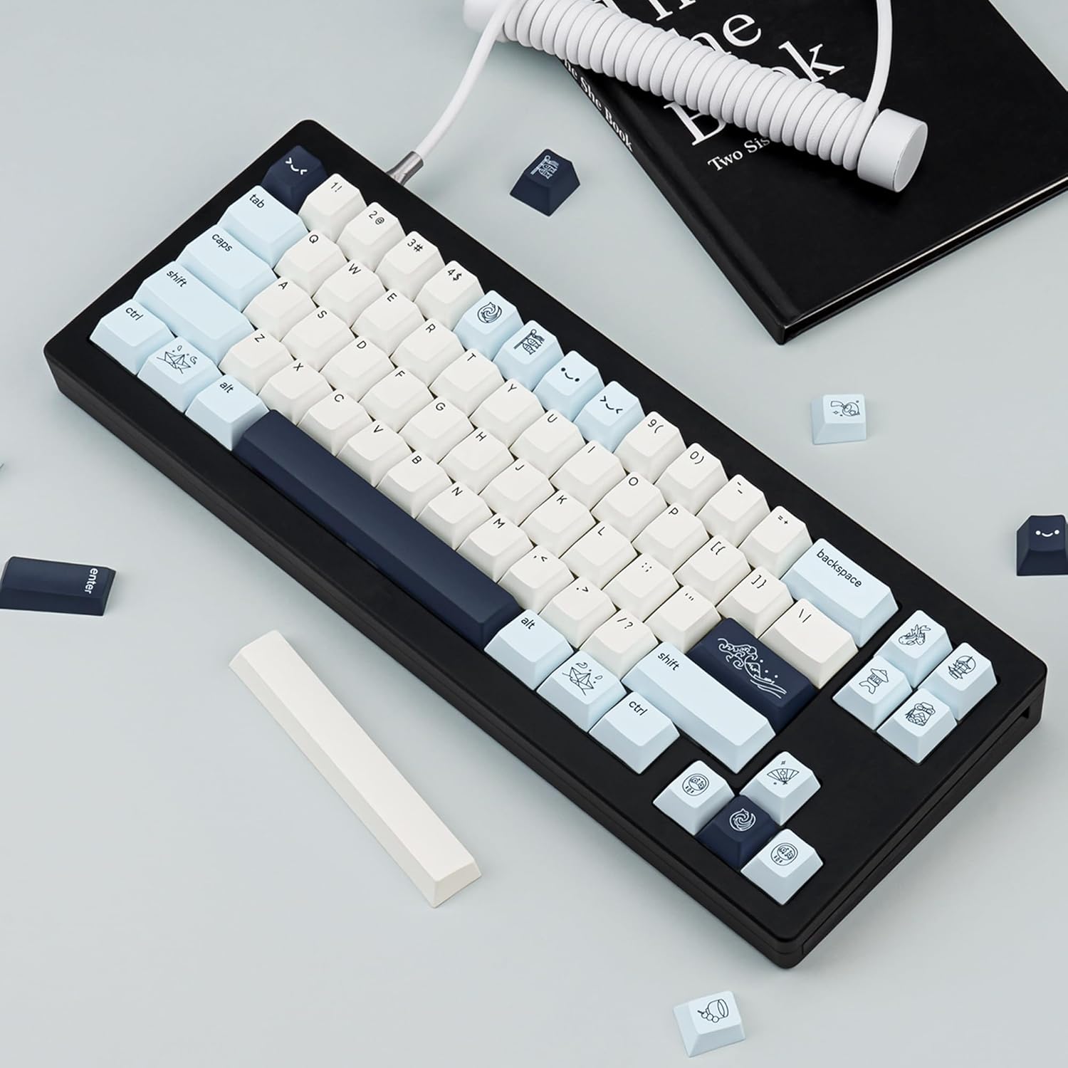 Cute PBT Keycaps 130 Keys, Minimalist Style Key Cap Blue White Anime Keycaps, Cherry Profile Dye-Sublimation Key Caps for Cherry MX Switches Mechanical Gaming Keyboard 60% 75% 100%
