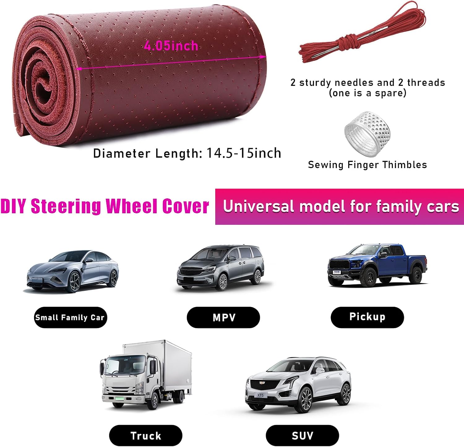 Ziciner Genuine Leather Steering Wheel Cover, Stitch on Wrap, Breathable Anti-Slip Car Steering Wheel Protector for Max Diameter 15 Inch, DIY Sewing with Needles Thread (Wine Red, Hole) image 2