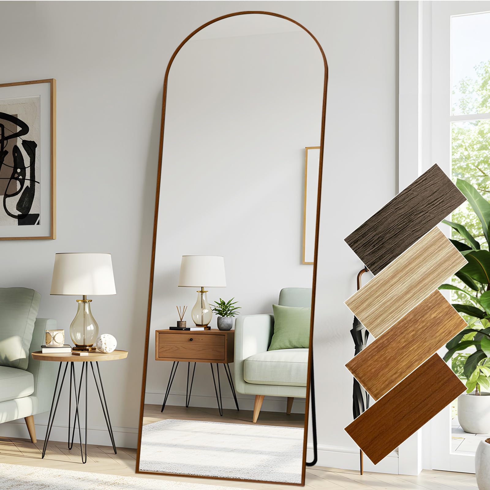 LunaMirror 76x180 CM Large Arched Full Length Mirrors Aluminium Frame in Reddish Wood Look Free Standing Tempered Glass Floor Mirror Full Body Wall Mountable for Bedroom, Living Room, Hallway