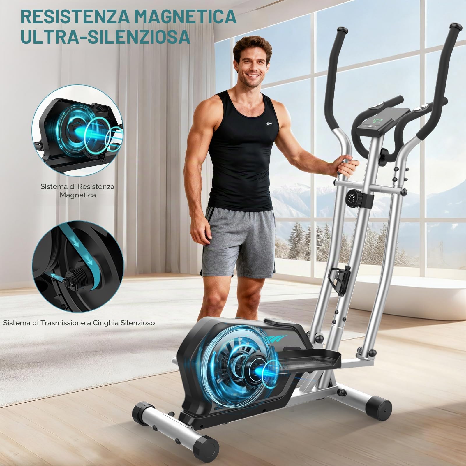 Ellittiche Da Casa con App, 3-in-1 Ellittica Ultra Silenziosa con 16 Livelli di Resistenza,volano da 6 kg, Monitor LCD, Pedale Antiscivolo, Portabottiglie (Argento)