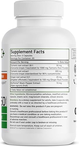 Miniatura 2 de Bronson Cúrcuma + jengibre extra fuerte apoyo para la salud y la digestión de las articulaciones con BioPerine, sin OMG, 60 cápsulas vegetarianas