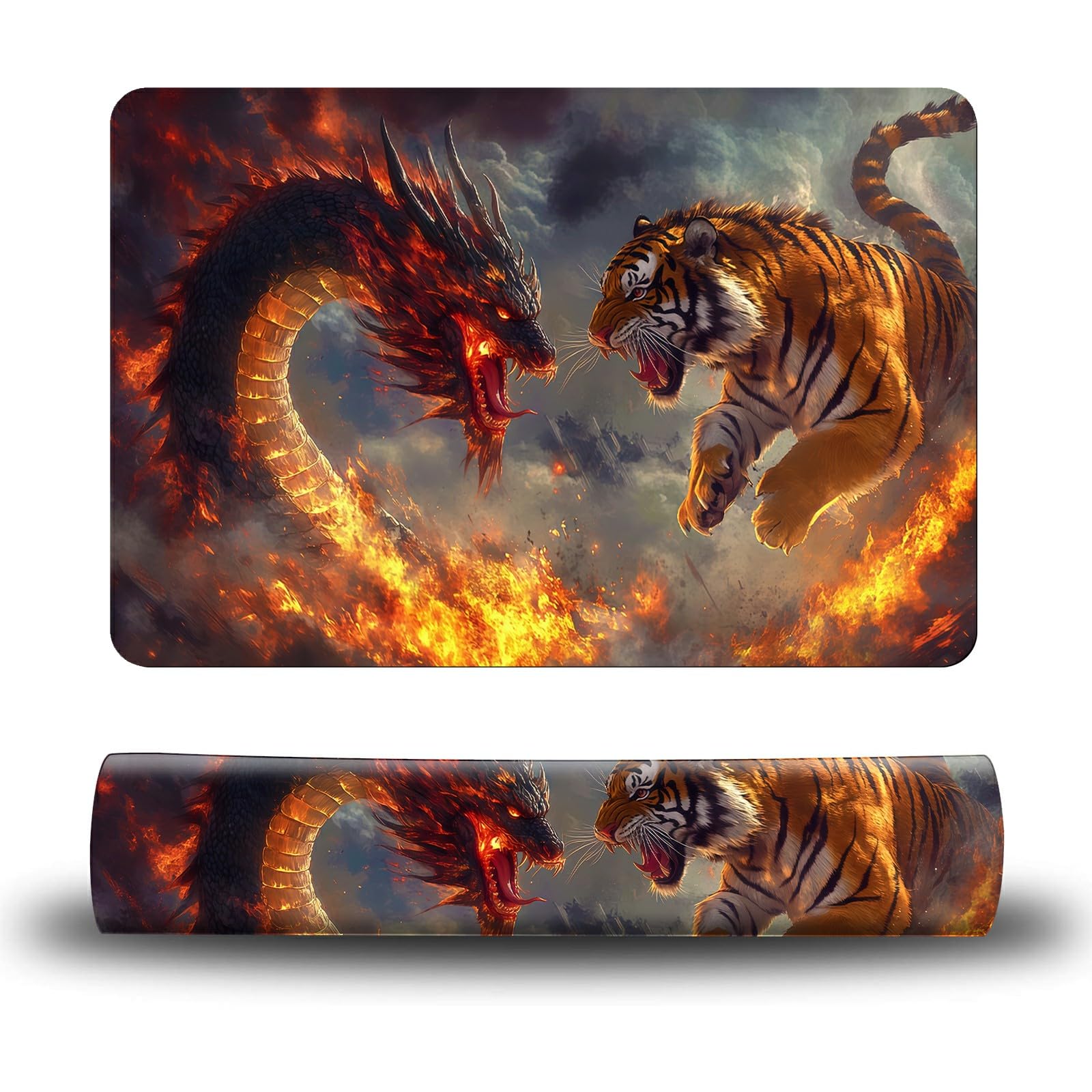 Dikoer Dog Food Mat, 19.6" x 23.6" Absorbent Pet Feeding Mat for Food and Water, Waterproof Diatom Mud Pet Placemat with Non-Slip Rubber Backing, Cat Bowl Mat for Floors - Flame Tiger Dragon