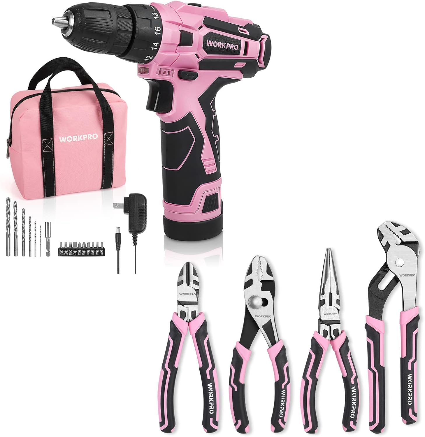WORKPRO Pink Cordless Drill Driver Set and 4-Piece Pliers Set