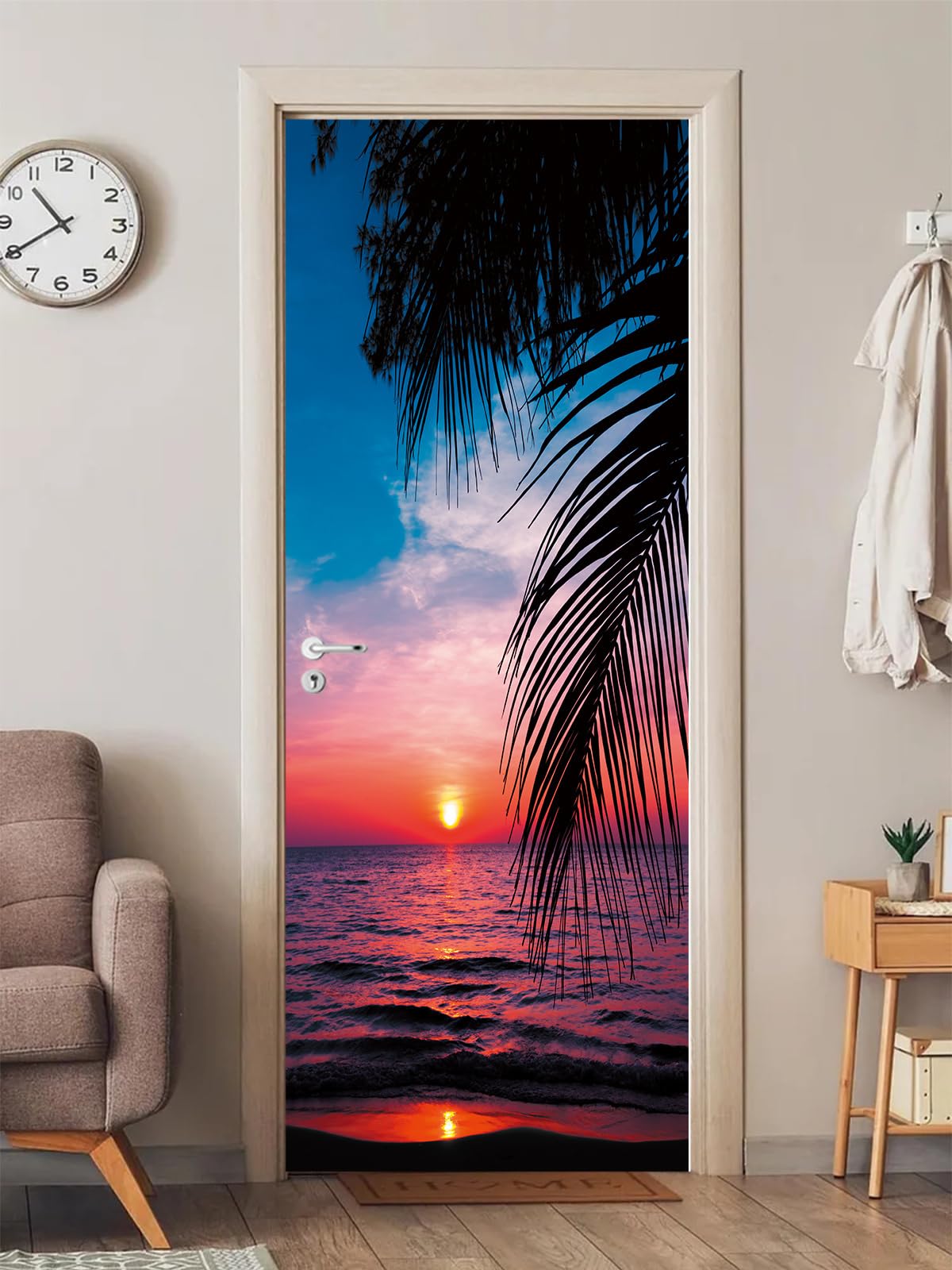 Flfk Mt853 3D Tropical Sunset Door Stickers Peel And Stick 77X200cm,Self-Adhesive Door Wallpaper Poster Wall Murals For Bedroom Decor(2Pcs/Set)