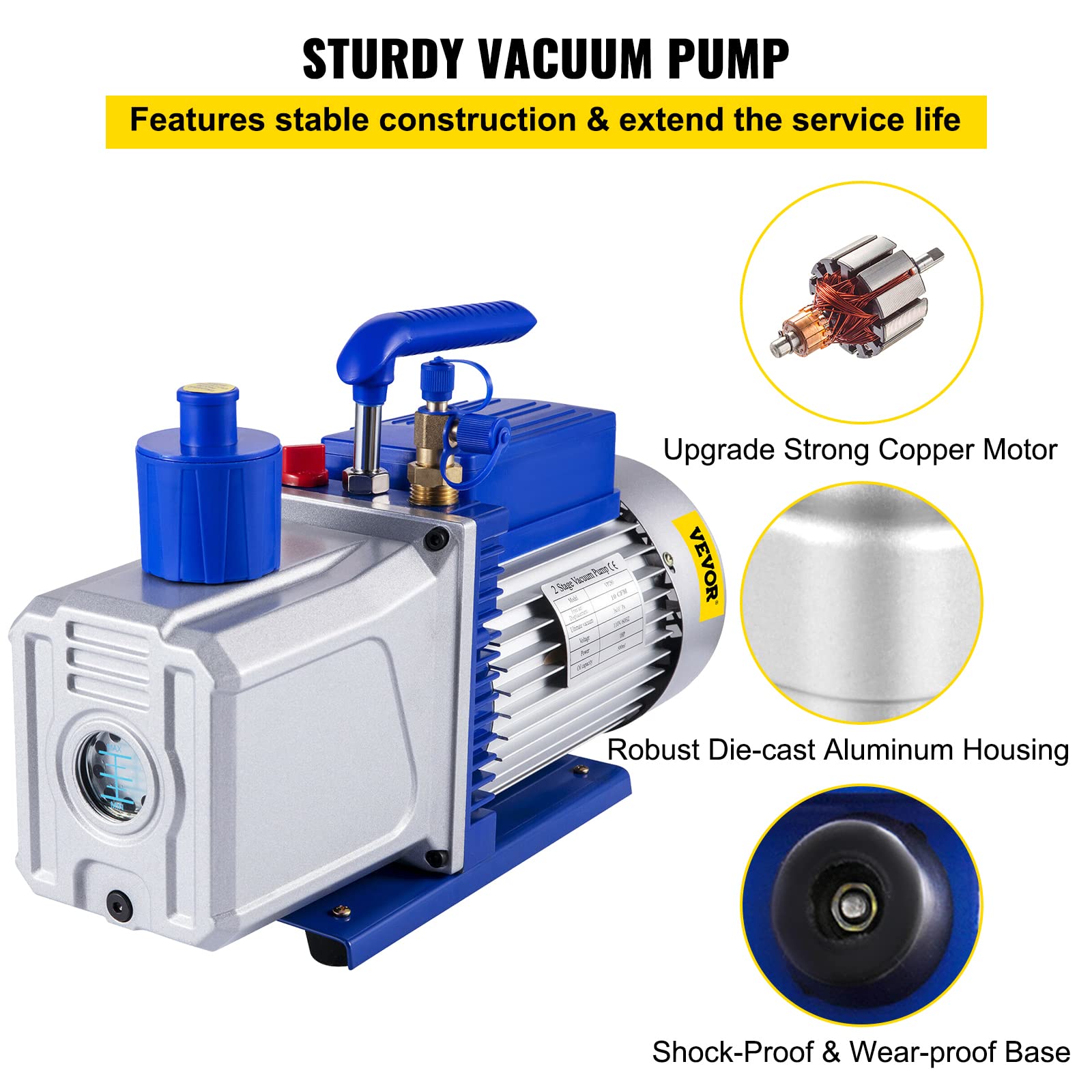 VEVOR Refrigerante Bomba de Vacío 10 CFM 2 Etapas 1HP Herramientas de Refrigeración Aire Acondicionado Velocidad 2000 r/min Capacidad de 600ml Bomba de Vacío de Refrigeración para Envasado al Vacío