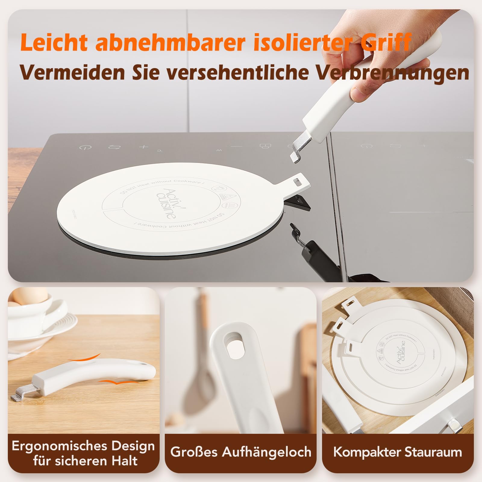 ACTIV CUISINE Induktion Adapterplatte 24 cm Induktionsadapterplatte mit abnehmbarem Griff Moka Induktionskochteller Adapter Edelstahl für die Verwendung von Kochgschirr auf Induktion, Weiß