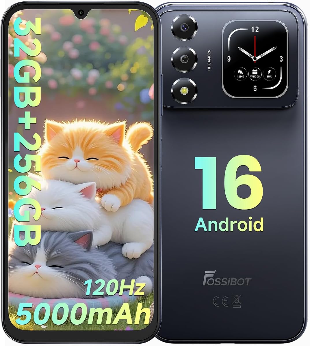 FOSSIBOT S7 Teléfonos Móviles Android 16, Teléfono Desbloqueado 32GB+256GB+2TB, Pantalla FHD de 6.9" Smartphones de Doble Pantalla 120Hz, Batería 5000mAh Teléfono Móvil 4G Dual Sim (Negro)