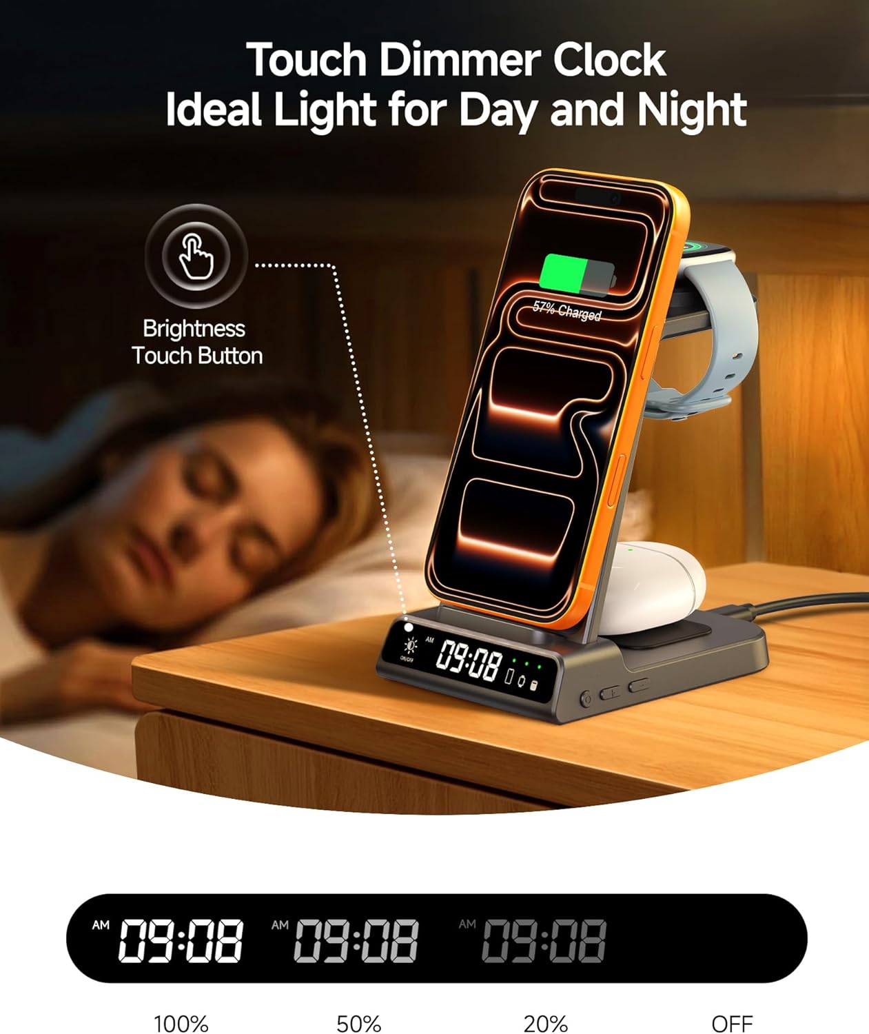 Fitbit Charger Stand for Fitbit Versa 4/3/Sense 2/1/Ace LTE, 3 in 1 Wireless Charging Station for iPhone Air/17/16/15/14, for Samsung S25/S24/S23, Wireless Charger for Earbuds, SwanScout C01FB