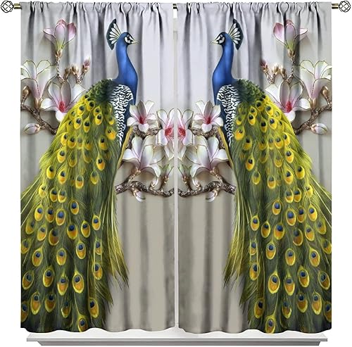 Miniatura 168 de Cortina opaca con estampado de pavo real, con estampado de animales retro, con bolsillo para cortinero y flores de peonía doradas, para dormitorio,