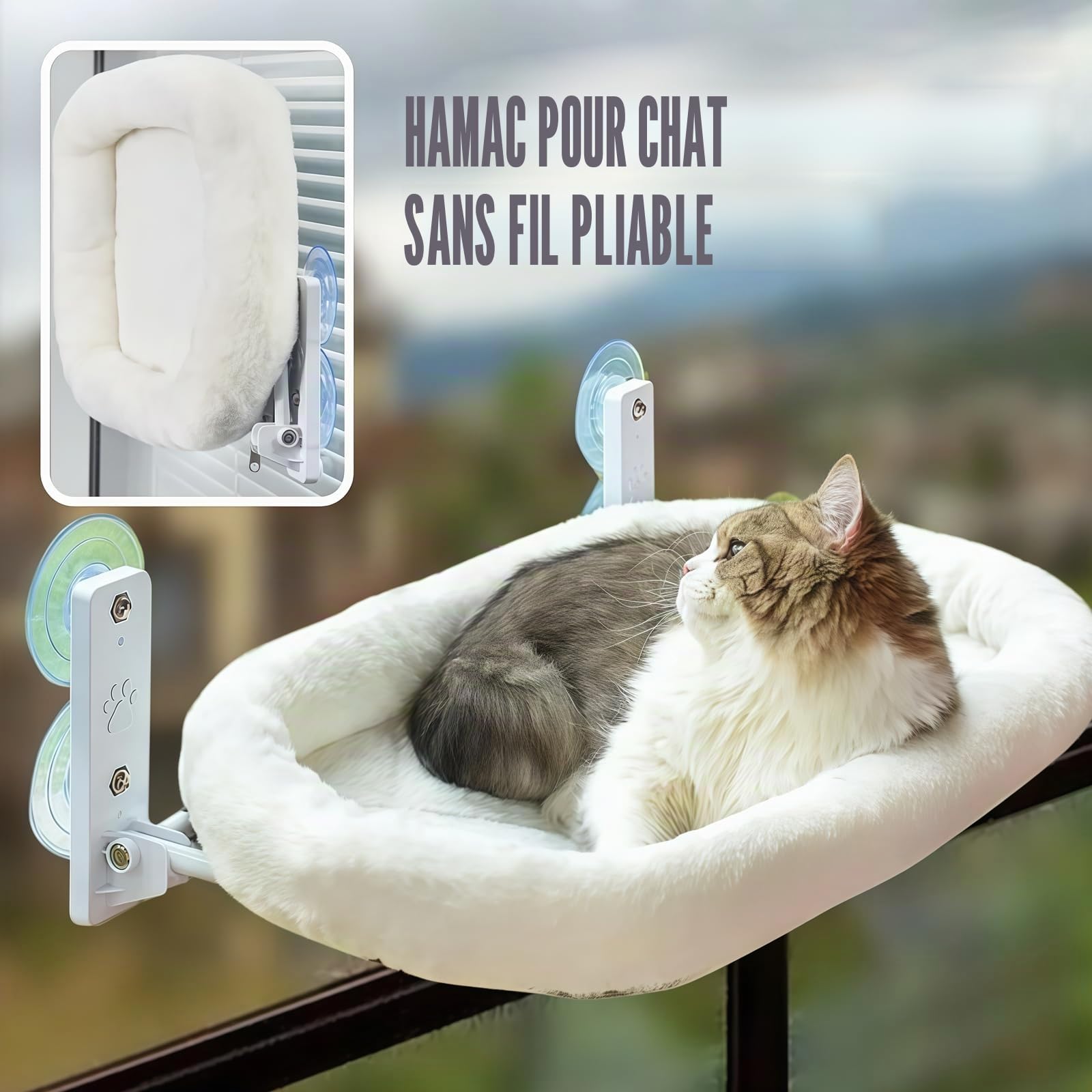 Cordless Hamac pour chat, chaise longue avec ventouses et rembourrage en tissu double face amovible, pliable, pour chat, fenêtre, perche, jusqu'à 15 kg, pour fenêtre et mur, 30 x 52 cm, blanc