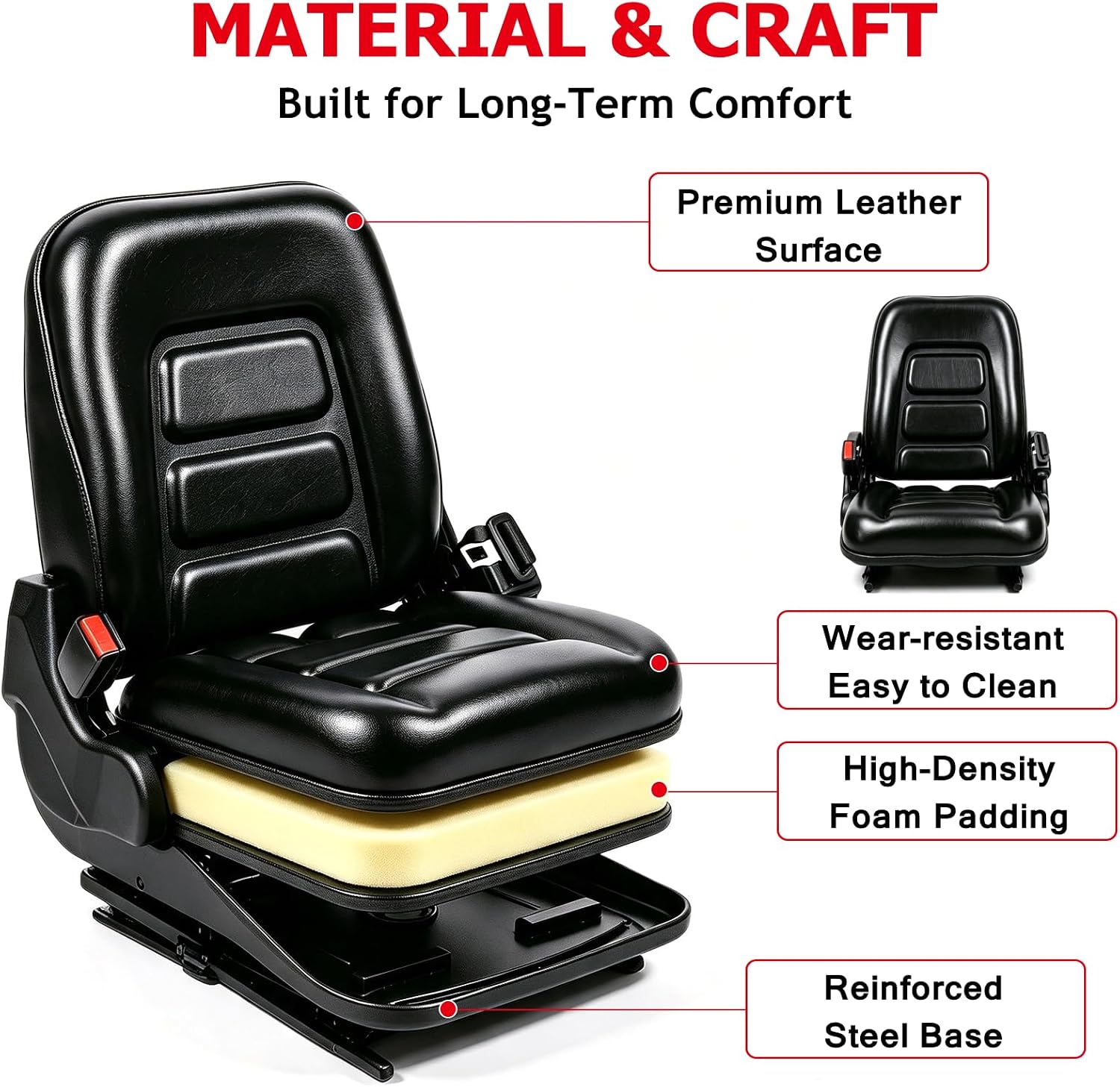 Universal Forklift Seat, Tractor Seat with Adjustable Angle Back, Slide, for Tractor, Excavator, Skid Loader, Backhoe, Dozer, Telehandler