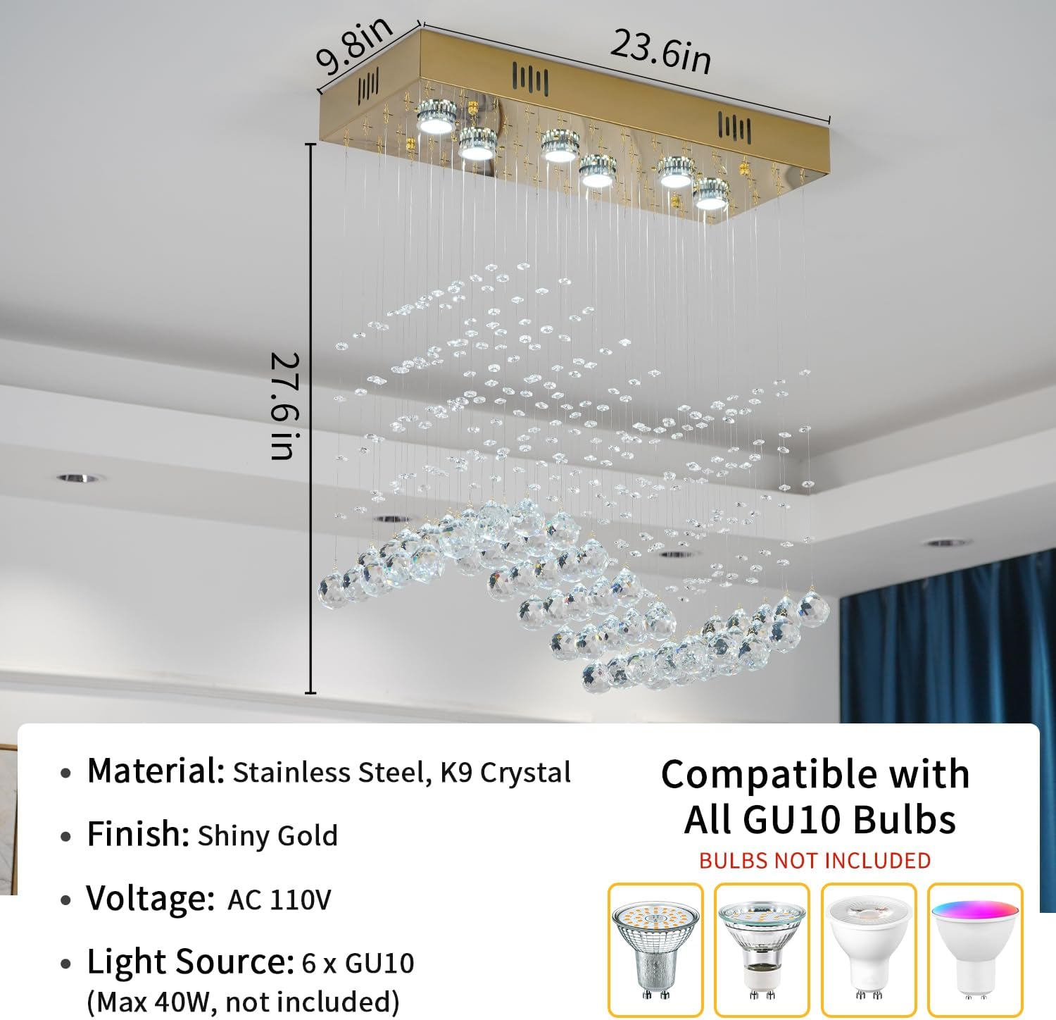 CRYSTOP Modern Gold Wave Rectangular Chandelier for Dining Room Over Table, 6-Lights Raindrop Elegant Ceiling Light Fixture for Kitchen Island, Funny Flush Mount Pendant Light for Kids/Girls Room