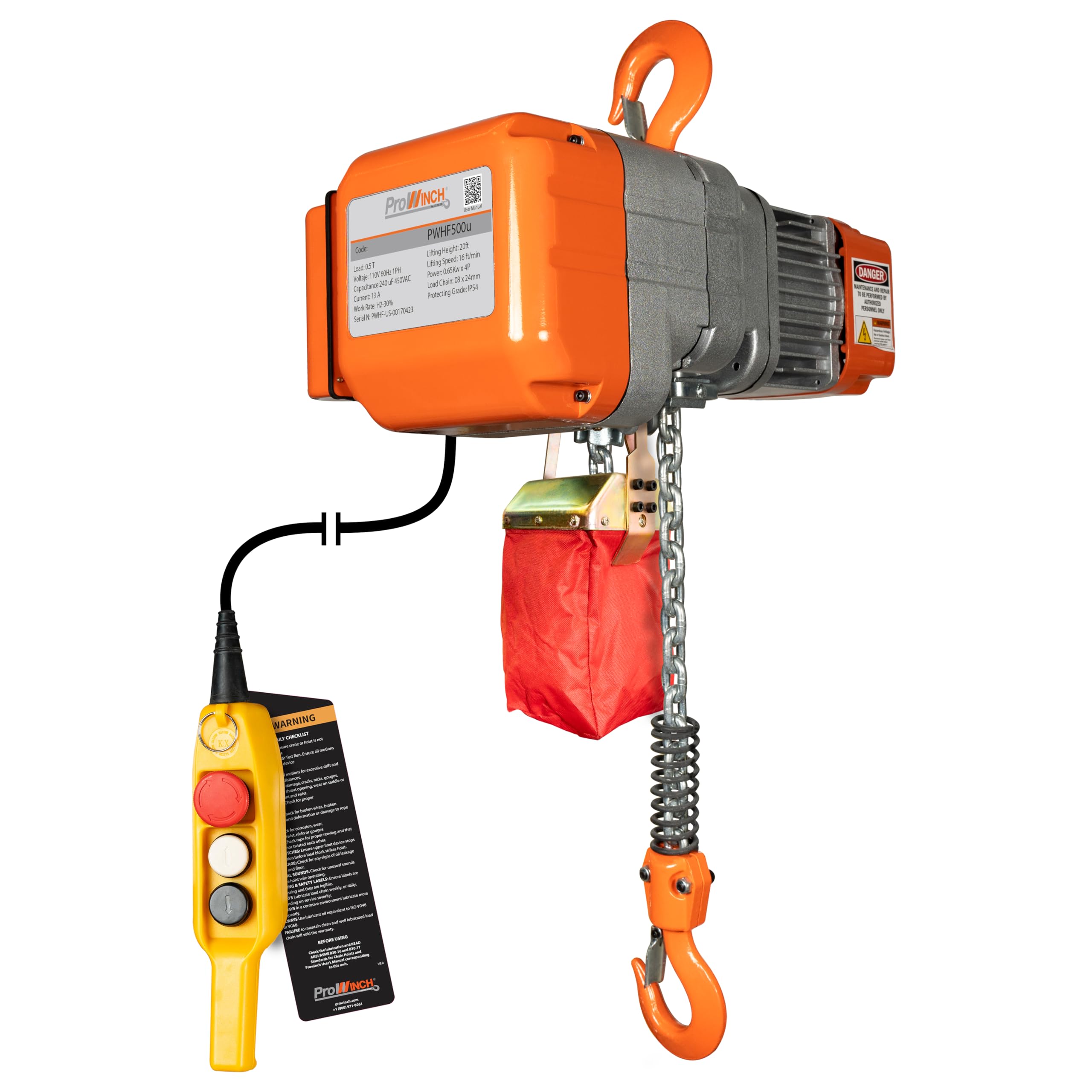 Photo 1 of ***FACTORY SEALED***
Prowinch 1100 lbs 1/2 Ton Electric Chain Hoist 110V- 20ft Lifting, 1-Phase, Hook Mount with G80 Chain, Remote Control, Heavy-Duty Pulley Hoist for Attic, Garage Industrial Commercial & Warehouse Lift