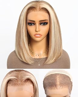 P12/613 Bob Wig Human Hair 13x4 Ready to Go Highlight 12A P12/613 Lace Front Wigs Human Hair 210% Density HD Lace Front Wig Pre Plucked (12inch, 13X4 Bob Wig)