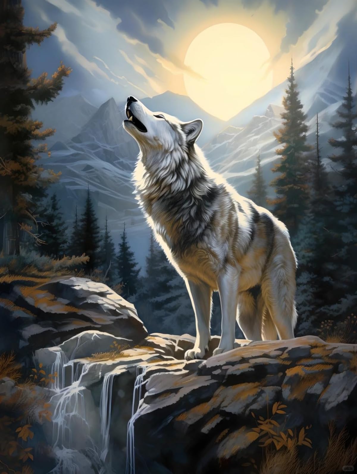 AxiangziK DIY Knüpfstern Set Knüpfhakenset „Heulender Wolf“，Waldtiere，Diy-Knüpfteppich，Heimteppich-Teppichherstellungssets Aus Canvas，Knüpfhakensets Für Anfänger 80x115cm