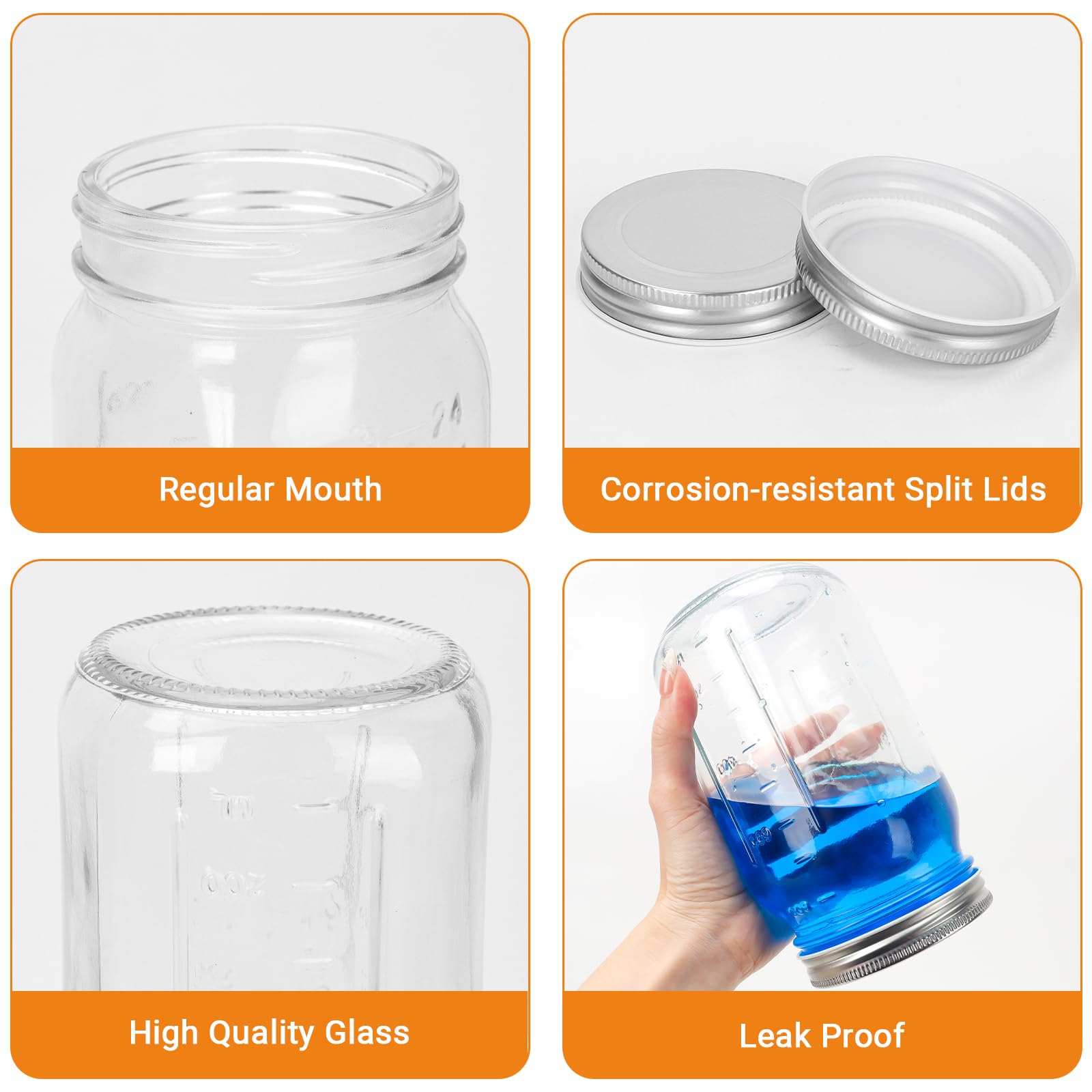 CulnCraz Glazen potten van 1000 ml, 6 stuks 32 oz glazen inmaakpotten met brede opening en zilveren aluminium deksels en banden, luchtdichte potten voor voedselopslag, inblikken, fermenteren, beitsen