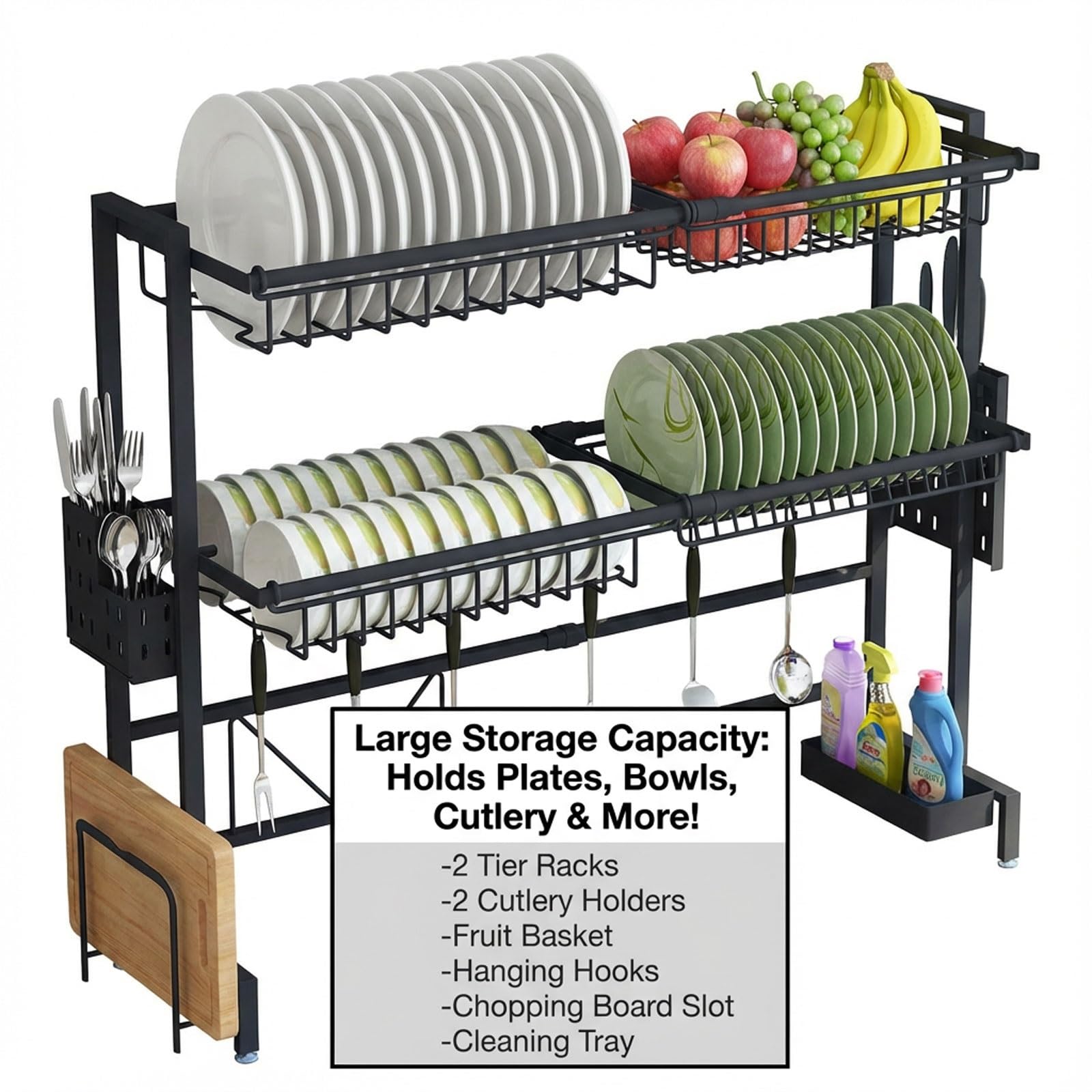 2 Tier Over Sink Dish Rack con Stazione di drenaggio Regolabile e portautensili Cucina di Grande capacità per soluzioni di Risparmio di Spazio e stoccaggio