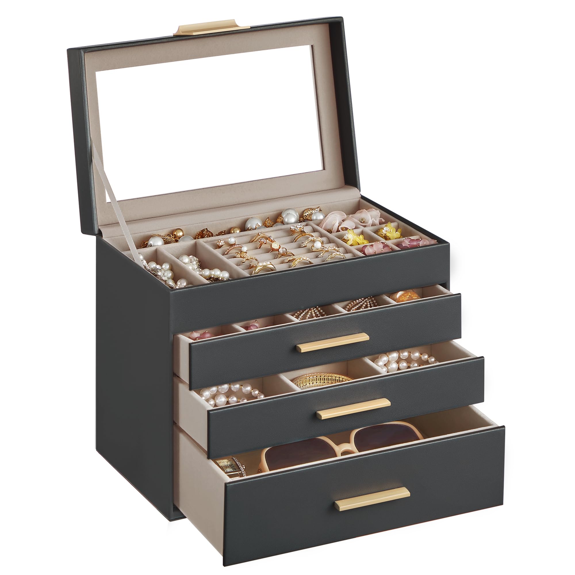 SONGMICS GISELLA Collection - Jewellery Box with Glass Lid, 4-Layer Jewellery Storage Organiser with 3 Drawers, Modern, Gift Idea, Slate Grey and Gold Colour, 15.3 x 25.1 x 21.5 cm JBC161C01