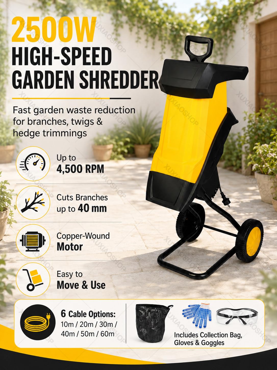 Trituradora de Ramas Eléctrica 2500W Trituradora de Jardín Verde 20MPowerCord | Biotrituradora de Ramas Ø40 mm, 4500 RPM, Trituradora de Hojas con Bolsas, Trituradora para Residuos de Jardín