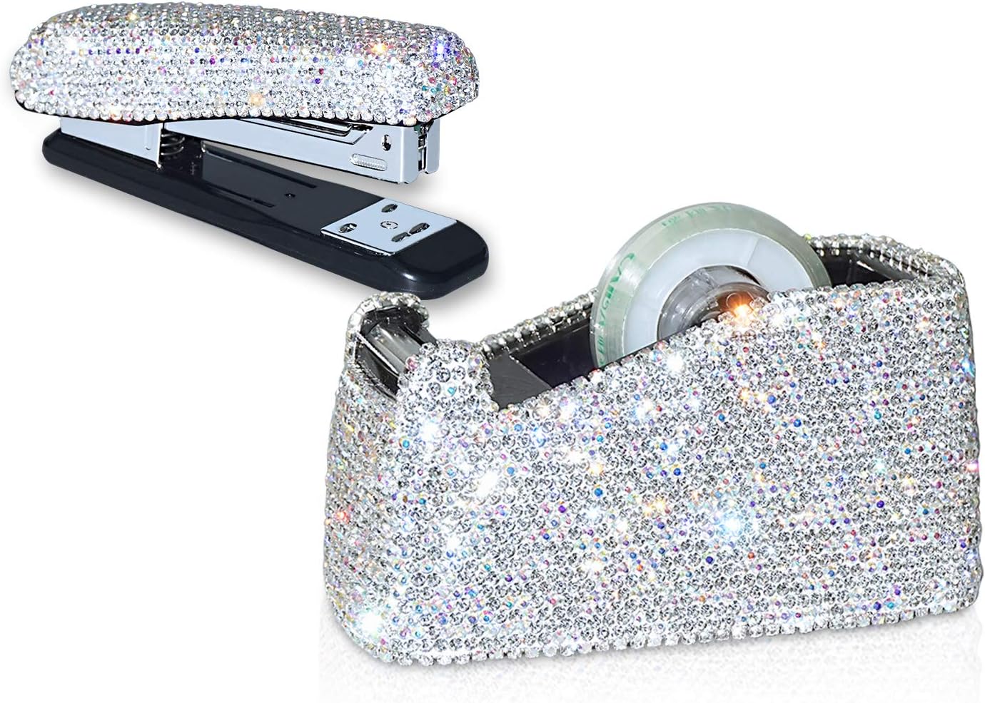 Bling Crystal Luxury Handmade Diamond Stapler & Desktop Tape Dispenser Office Stationery Kit for Fashion Girls Women (White)