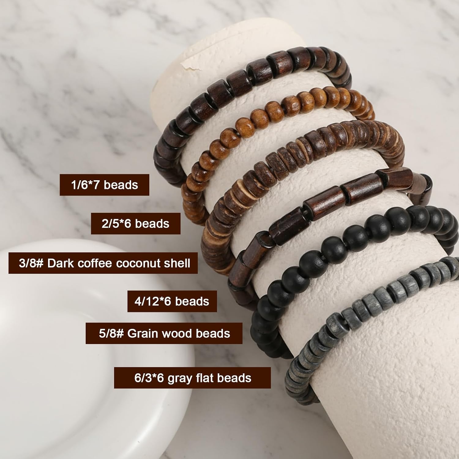 Sibba Wooden Mens Beaded Bracelets 6 PCS Adjustable Vintage Multi-Layer Braided Leather Grunge Set Cuff Wrap Bangles Detachable Beaded Bracelets Elasticity Rope for Men and Women Christmas Gift