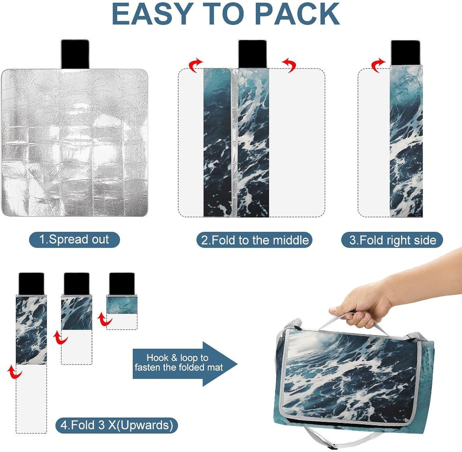 Beach Foam Wave Waterproof Picnic Blanket 58.3''x58.3'',Portable and Foldable Picnic Mat with Handle,Outdoor Blankets for Lawn Park Beach Travel