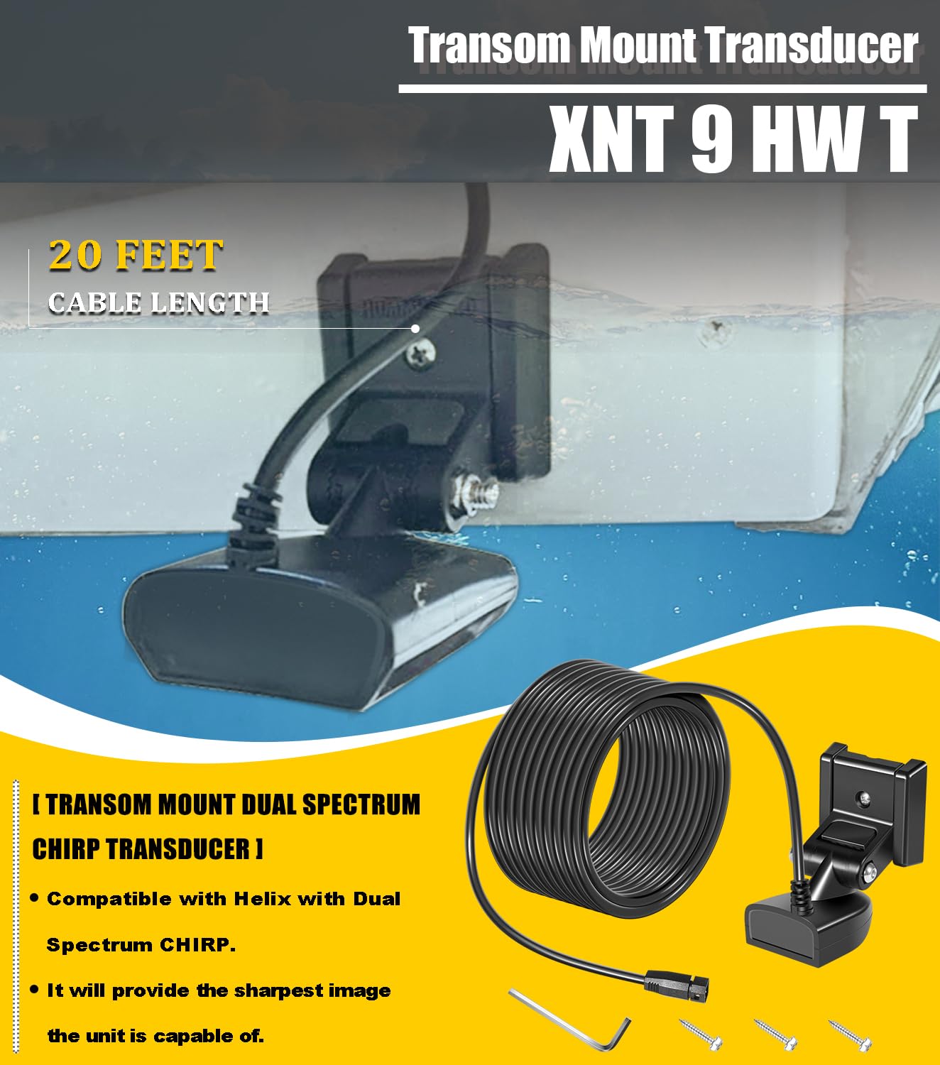 XNT-9-HW-T pour Humminbird Helix Transducteur à montage sur tableau arrière à double spectre avec température 710274-1, longueur de câble de 6,1 m, imagerie MEGA en eau peu profonde à profonde