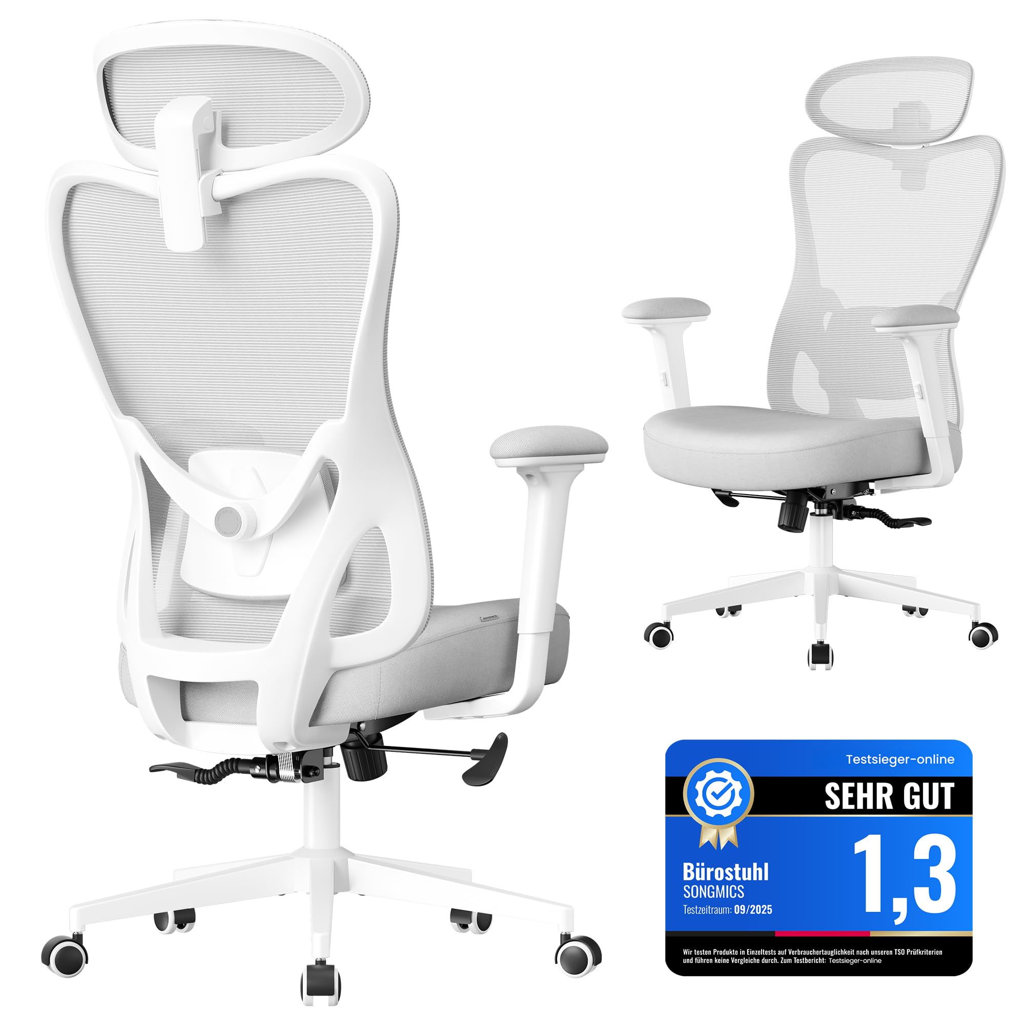 SONGMICS Bürostuhl ergonomisch, Schreibtischstuhl, Computerstuhl, verstellbare Lenden- und Kopfstütze, bis 150 kg belastbar, höhenverstellbar, Taubengrau OBN066GD01