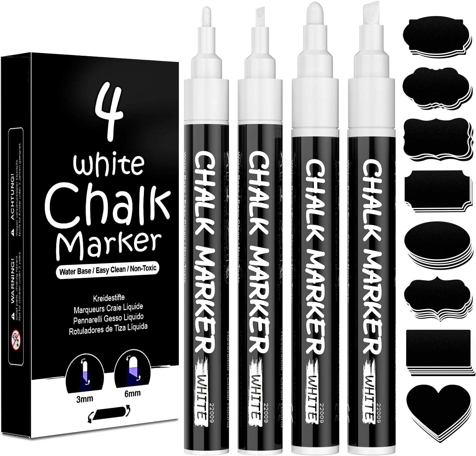 AOSUCO White Chalk Pens, Washable Liquid Chalk Pens for Blackboards, Window, Glass, Chalkboard, Jars, 4 Pack Chalk Markers (3mm & 6mm Reversible Tip) with 45 Labels, Wipeable Blackboard Pens