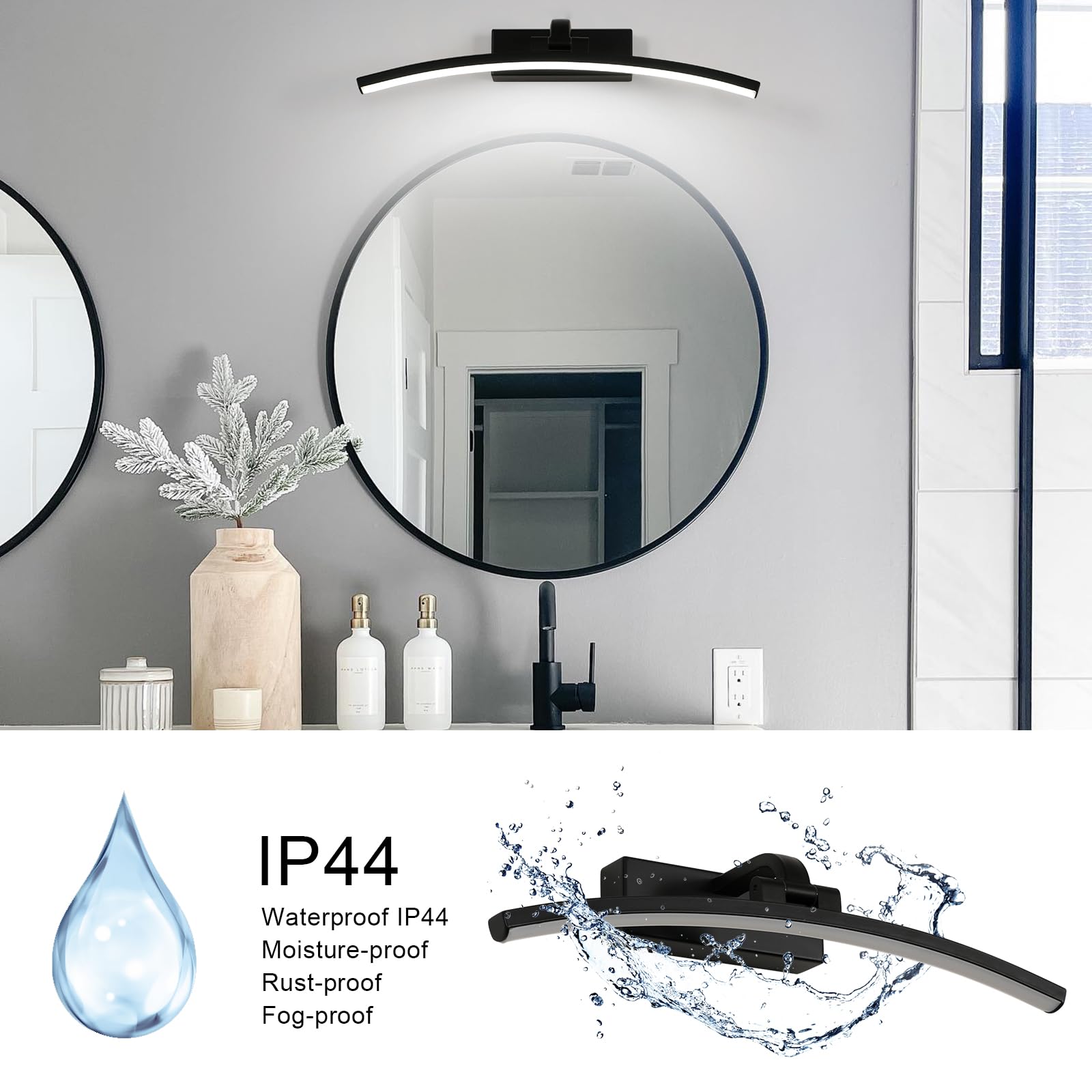 DELIPOP Luz de Espejo Baño LED 40cm, Impermeable Luz de Pared de Baño Espejos IP44, Lámpara de Espejo Moderno para Muebles de Maquillaje Aparato Montado en la Pared, Blanco Frío 6500K, Nero