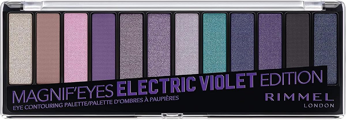 Rimmel London Magnif'Eyes Paleta de sombras de ojos, 12 tonos, fórmula mezclable, versátil, 008, violeta eléctrico, 0.5 oz