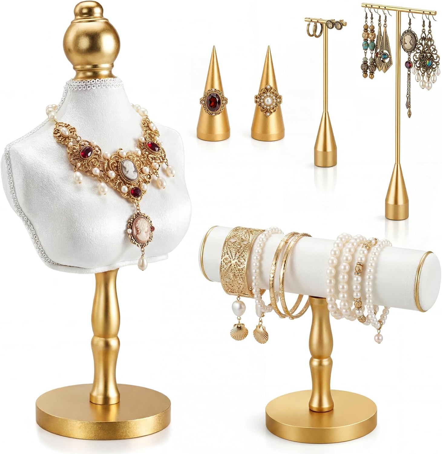 AceOrbit 7 Pcs Jewelry Display Set, Velvet Jewelry Mannequin Display, T-bar Bracelet Holder, Earring and Ring Finger Stand