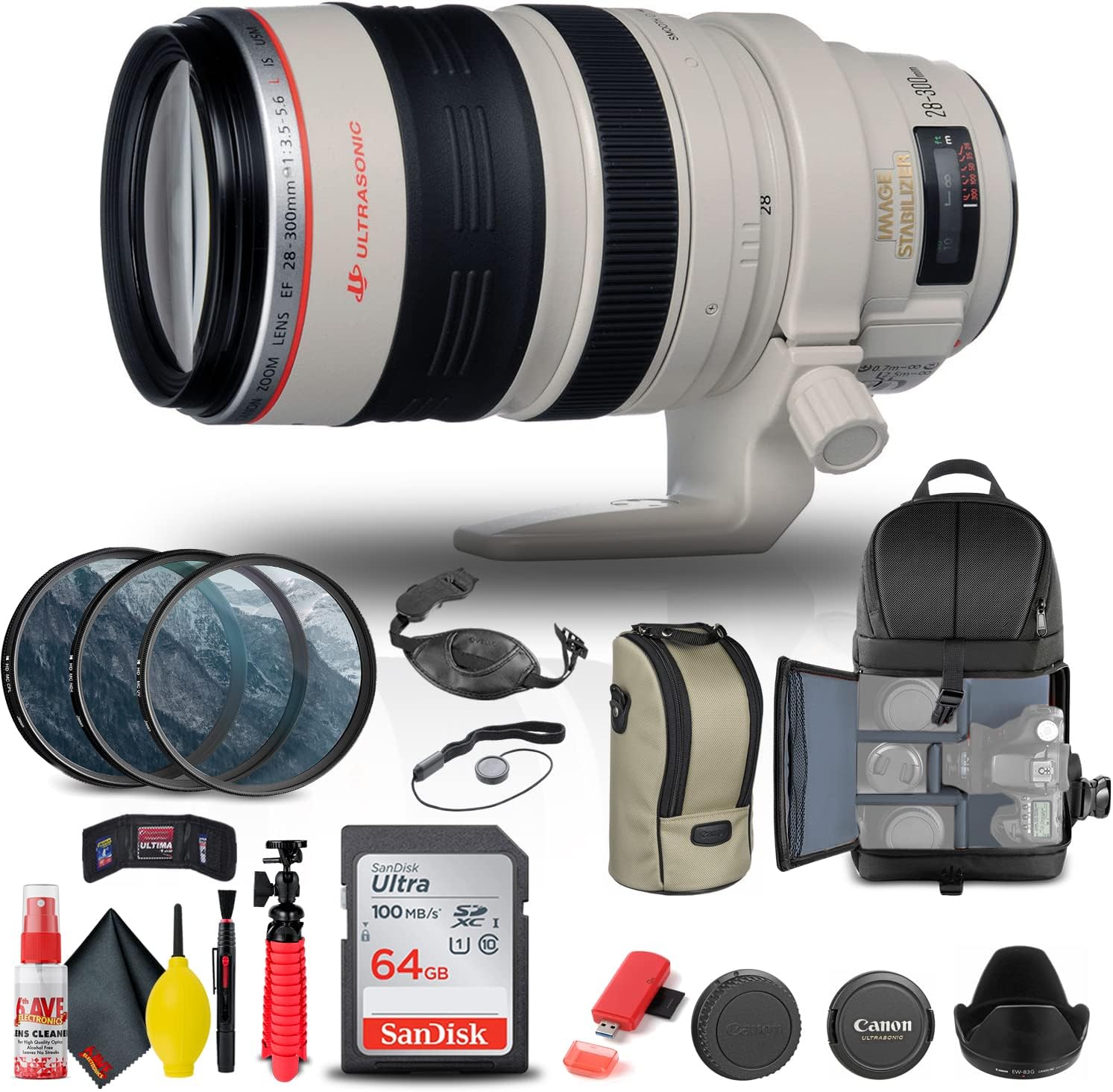 Canon EF 28-300mm f/3.5-5.6L is USM Lens (9322A002) + Filter Kit + Backpack + 64GB Card + Card Reader + Flex Tripod + Memory Wallet + Cap Keeper + Cleaning Kit + Hand Strap + More (Renewed)